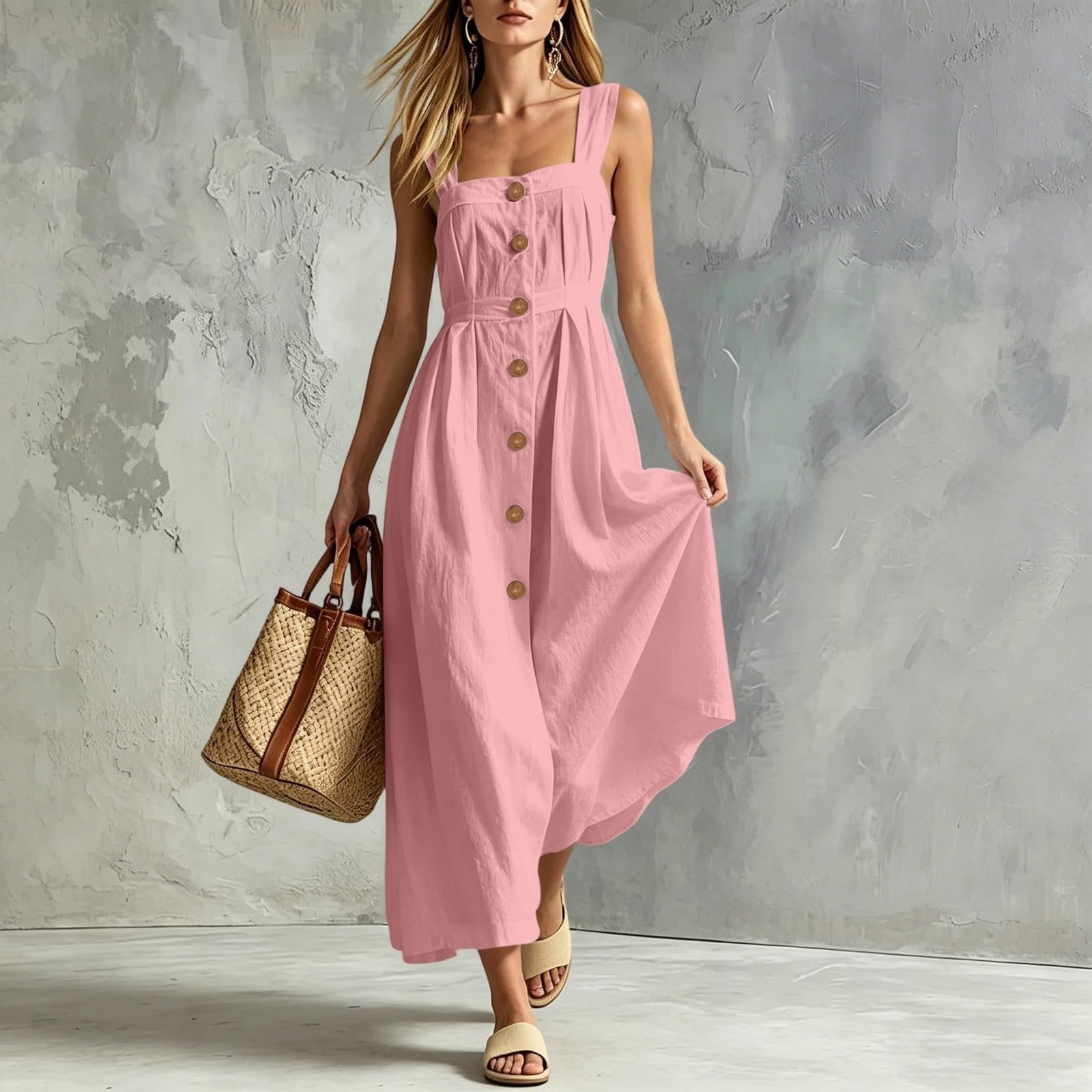 Vestido de verano para mujer, vestido de muselina con cuello halter para mujer, vestido informal de verano con bolsillos, línea A, vestido de volantes, ligero y aireado, vestido de playa, sin mangas