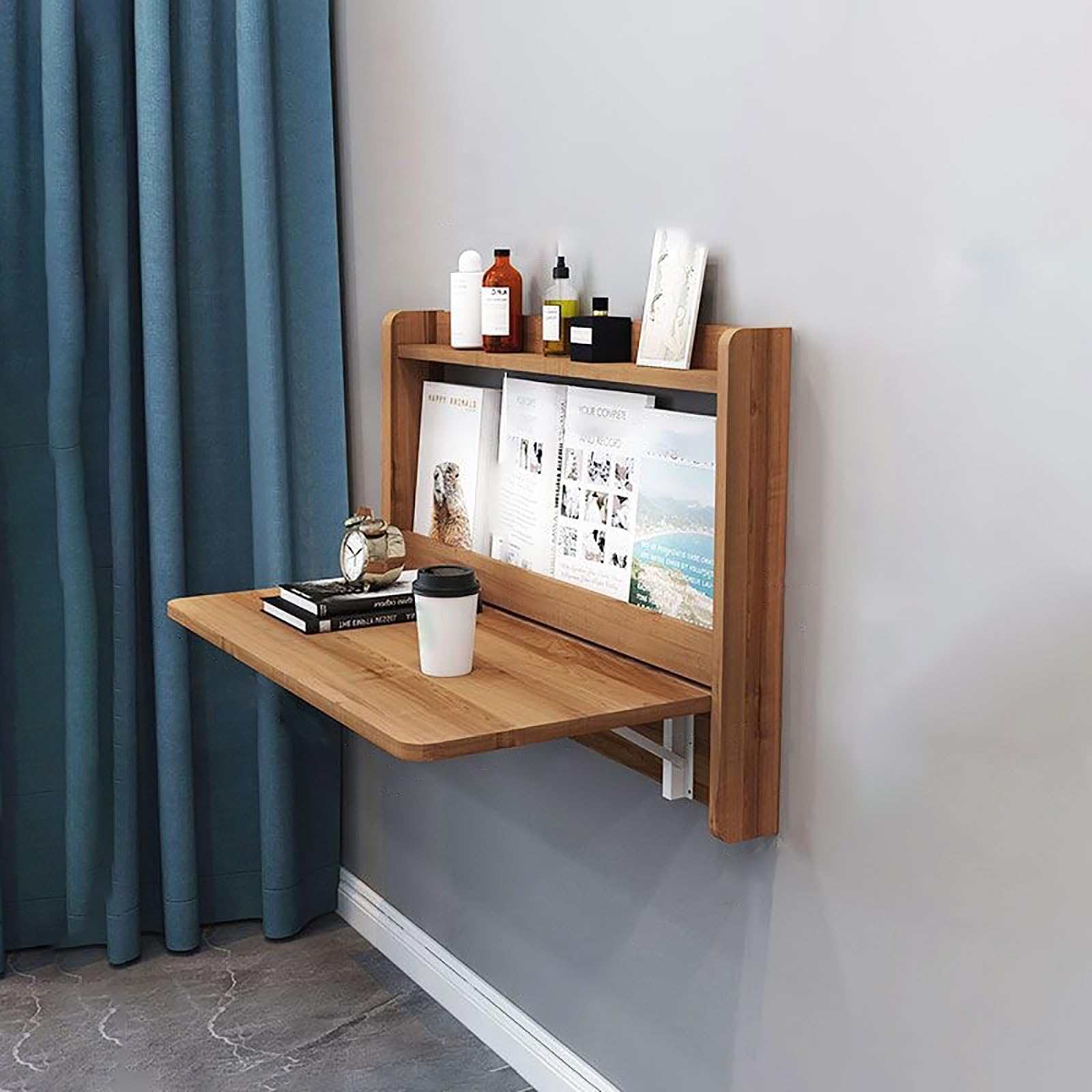 BAYTEWJX Small Fold Down Wall Mounted Workbench Wood Wall Mounted Table Small Folding Computer Table Simple Study Desk with Storage Space for Small