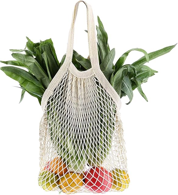 PROUSKY Reusable Shopping Bags, Cotton Net Mesh Shopping Bags, Washable Organic Cotton String Shopping Bags with Short Handle