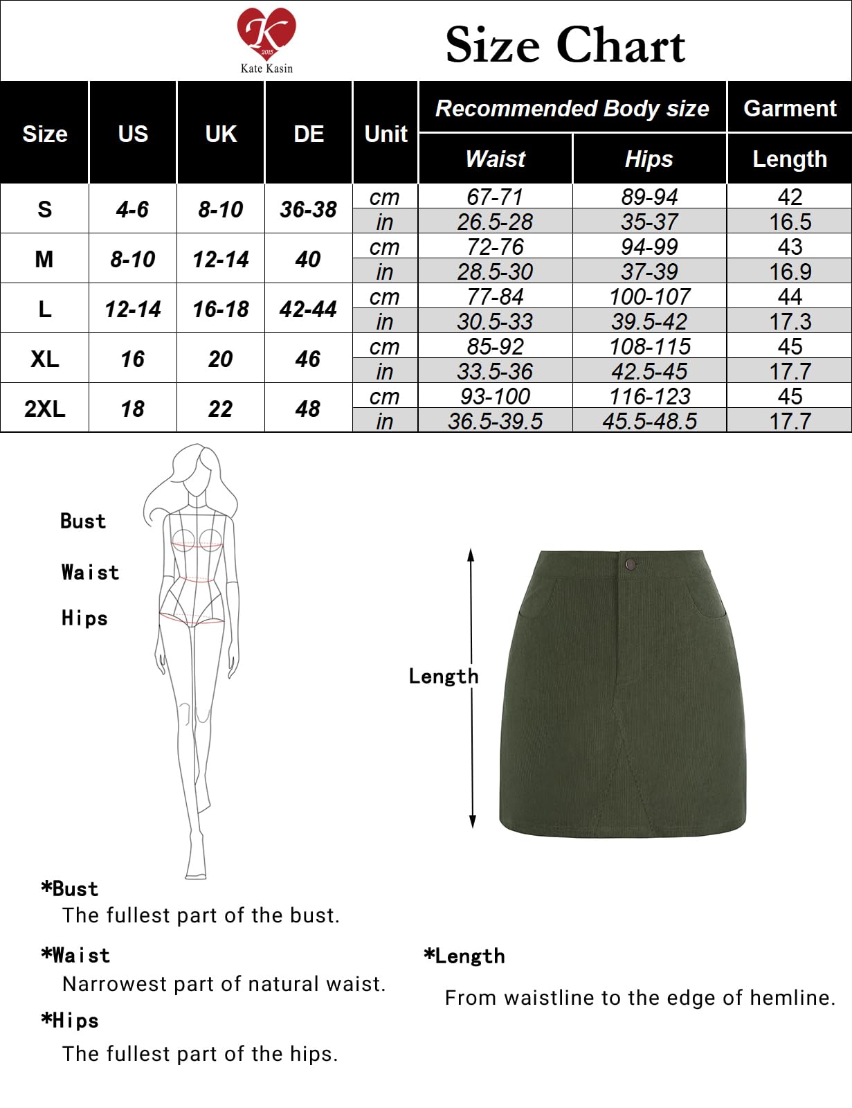 Kate Kasin Mini jupe en velours côtelé pour femme - Taille haute - Coupe ajustée - Automne et hiver - Jupe courte en velours côtelé