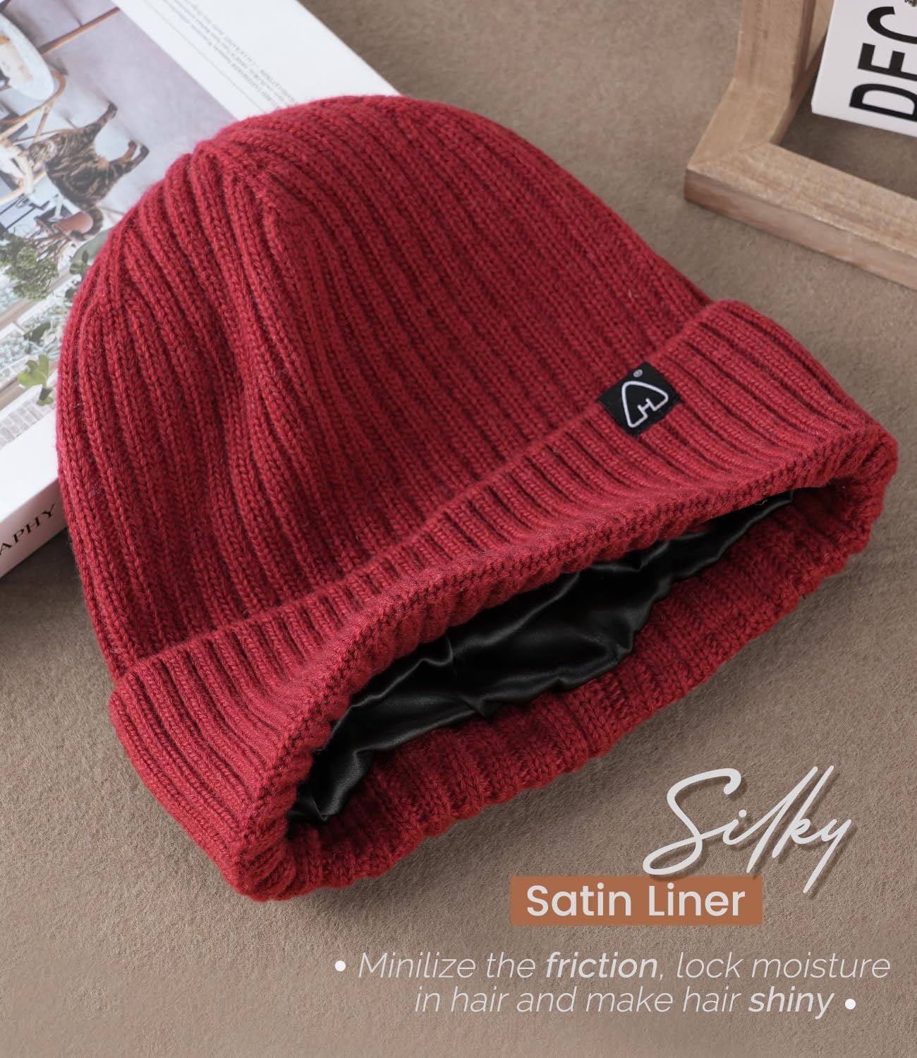 Hat Hut Wool Beanie Satin Lined Winter Hats Slouchy Beanie with Silk Lining Warm Wool Knit Ski Hat Cuffed Cap Women Men