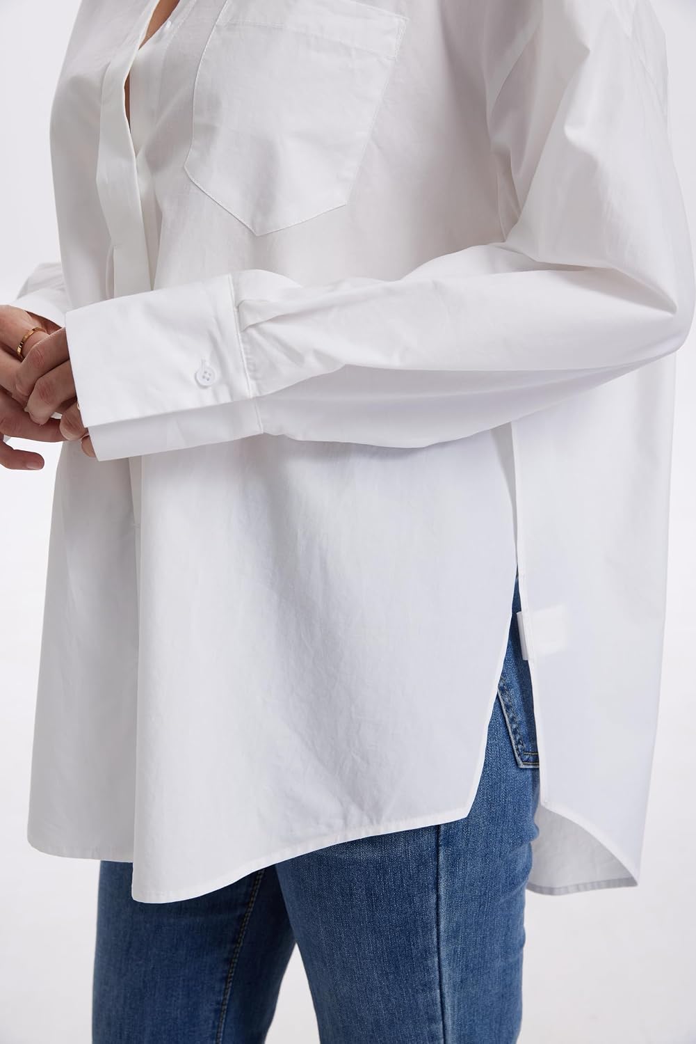 J.Corrine Women White Button Down Shirt Long Sleeve Oversized Casual Lyocell Dress Shirt Blouse Shacket Cotton Side Back Slit