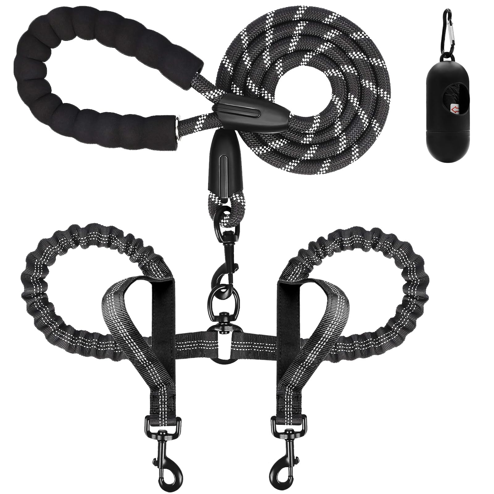 Double Dog Leash for Two Dogs, Heavy Duty Adjustable No Tangle, Bungee Retractable Split Multiple Leash for Walking 2 Dogs, 5.5FT-1/2”, Black