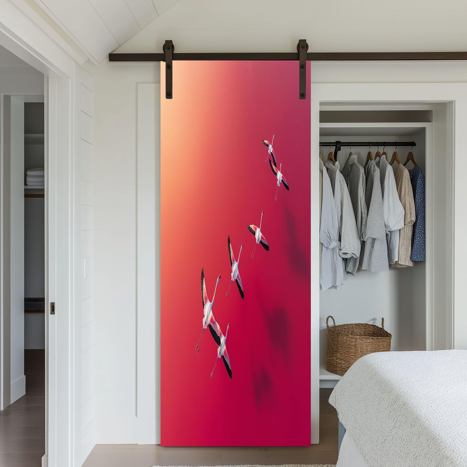 Naklejka 3D na drzwi 90 x 200 cm (szer. x wys.), tapeta na drzwi, obraz ścienny, różowe niebo, jezioro, ptaki, samoprzylepna, PCW, wodoszczelna dekoracja na drzwi, prosty styl, fototapeta do salonu