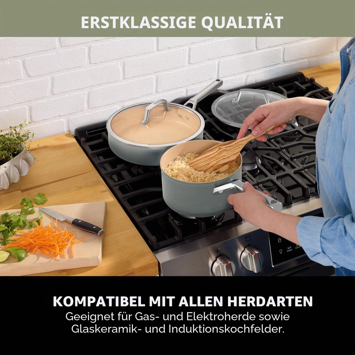 Ninja Extended Life 5-teiliges Keramik-Kochgeschirr-Set, ofenfest 285 °C | (20 & 24 cm Bratpfannen + 16, 18 & 20 cm Töpfe und Deckel), antihaftbeschichtet (ohne PFAs, PFOA, Blei oder Cadmium)