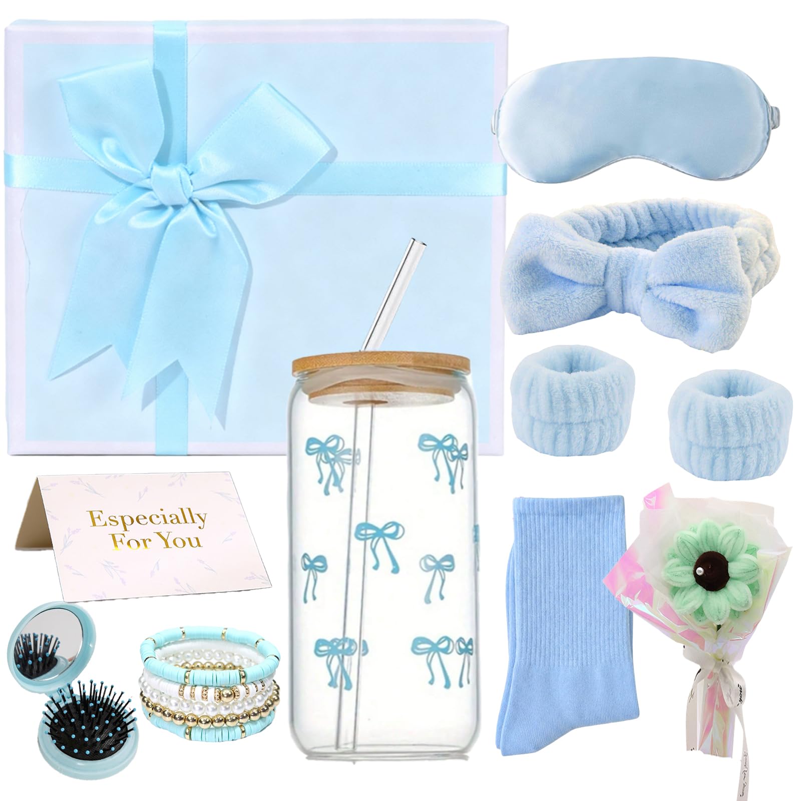 Birthday Gifts for Girls,Sweet Gift Sets for 9 10 11 12 13 14 Year Old,Birthday Card,Glass Cup with Lid and Straw ,Socks ,Headband Presents for Teen,Sister,Daughter, Granddaughter, Niece (Blue)