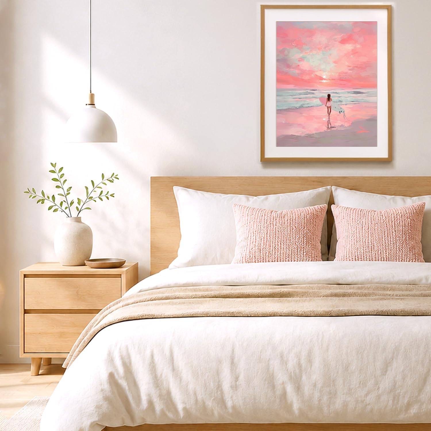 bitCNY Paint by Numbers for Adults, Pink Beach Sunset Surfer DIY Acrylic Painting Kit, Coastal Ocean Paint by Number Canvas Artwork, Relaxing Seascape Wall Decor, 16x20 Inch
