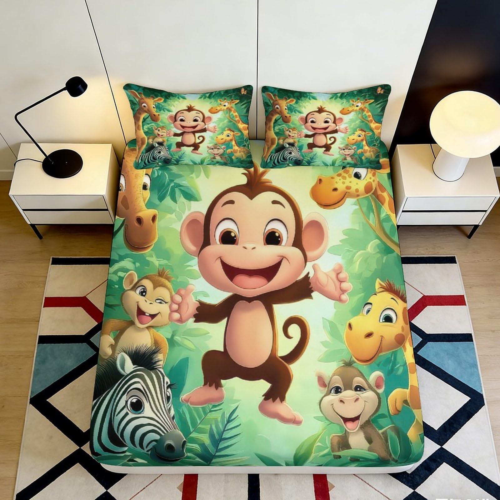 3D Printed Cartoon Monkey Fitted Sheet Microfiber Soft Breathable Jungle Animals Bed Cover for Bedroom Dormitory Guest Room Mattress Protection 180x200x25cm