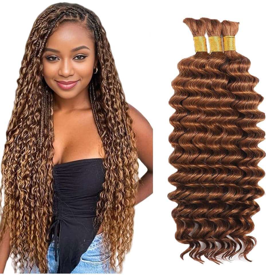 #30 Brown Human Braiding Hair for Boho Braids 26 26 26 Inch Light Brown Deep Wave Bulk Human Hair Knotless Boho Braiding Curly Virgin Hair Extensions 150g 3 Bundles/Pack