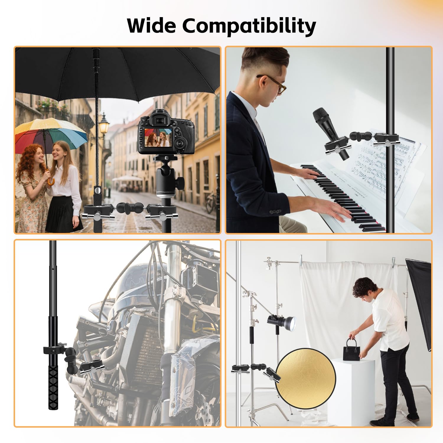 Double Super Pince avec Bras Magique ,1/4” pour Caméra, Support Lumière, Réflecteur, Support Parapluie, Convient aux Poteaux 0.47”-2.17”, Moto, Bureau, Trépied, Studio(Max Load 6.61LB)