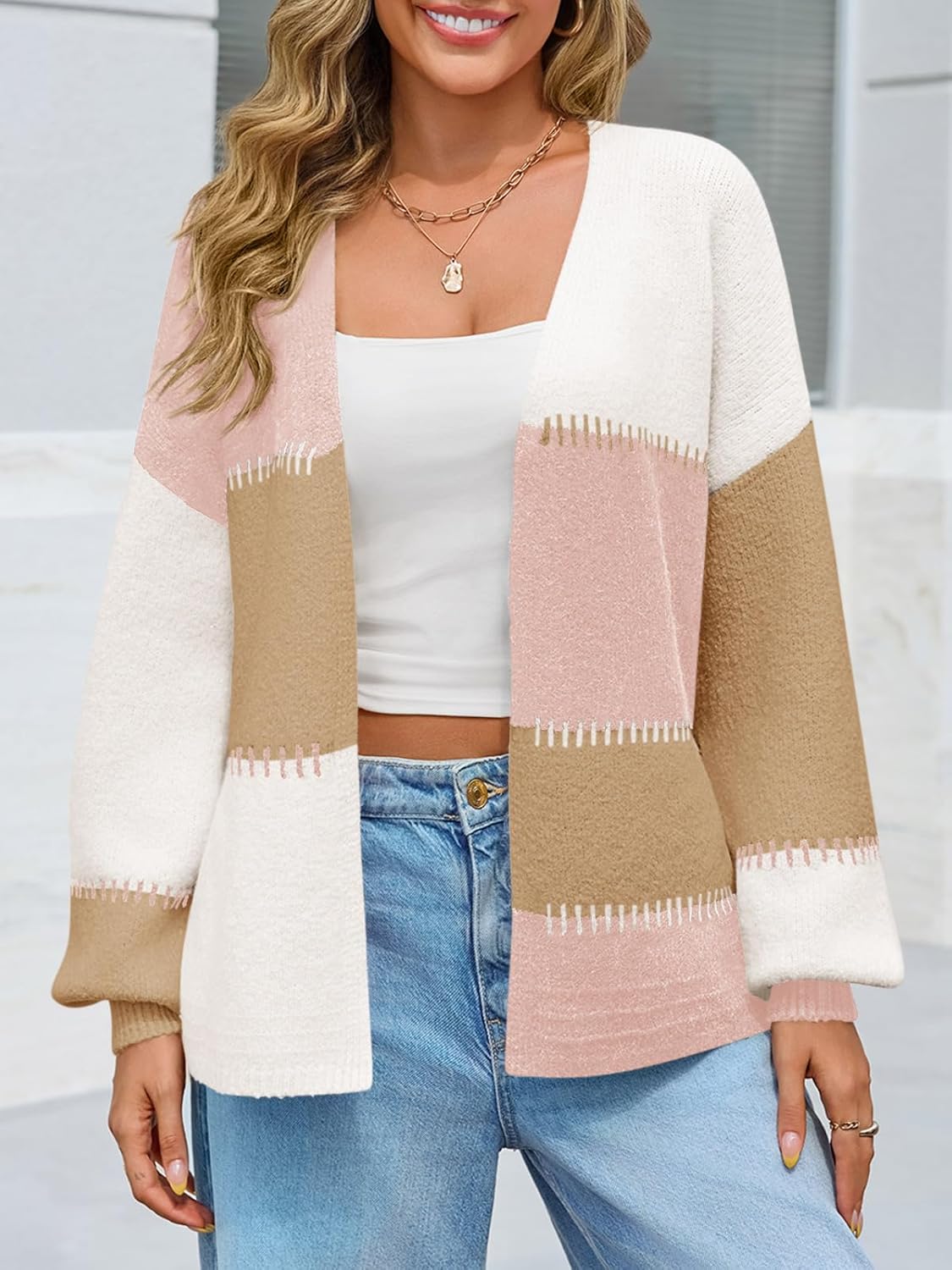 Yousify Womens Cardigan Sweater Color Block Open Front Long Puff Sleeve Casual Chunky Knit Cardigans 2025 Fall Outerwear - Image 2