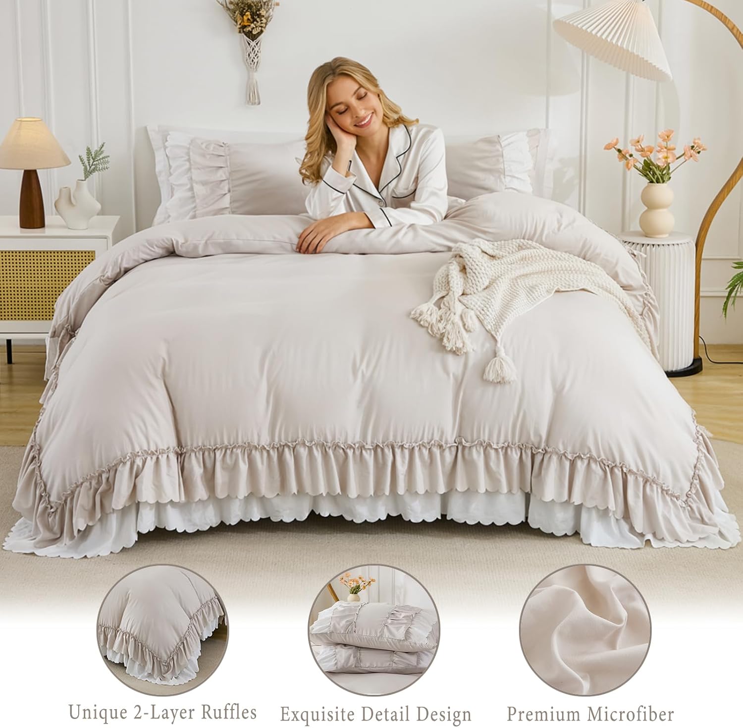 Herside Beige Ruffle Comforter Set King Size,Shabby Chic Boho Bedding Sets, Soft Fluffy Comforters Sets for All Season,Vintage Ruffled 3 Pcs Microfiber Lightweight Quilt Set for Women Girls | Ruffle, Shabby Chic - Image 2