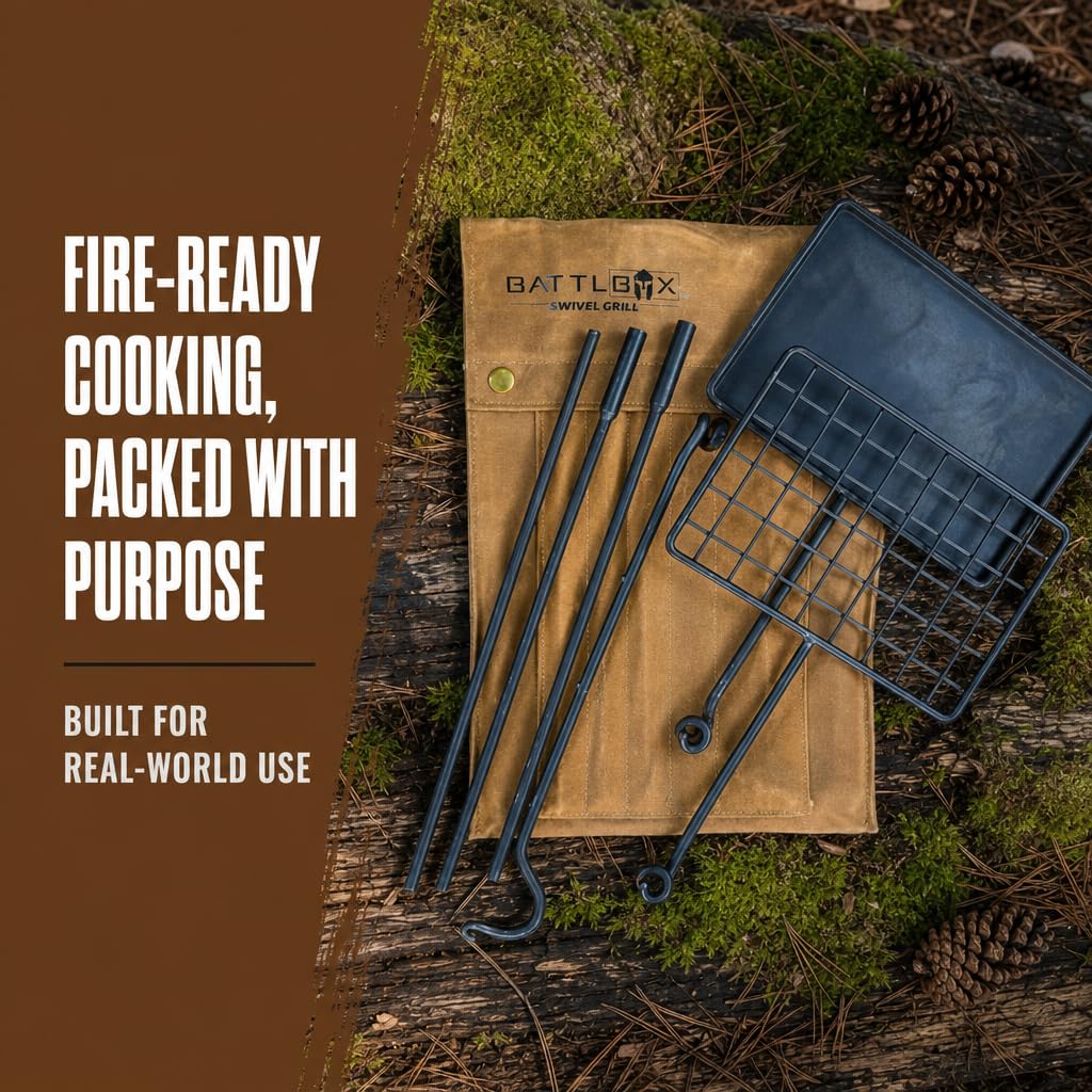 BATTLBOX Bushcraft zestaw grilla, stalowy ruszt do gotowania na ognisku, obrotowy grill na świeżym powietrzu, otwarty ogień, pakowany zestaw do gotowania przy ognisku, wytrzymały grill kempingowy,