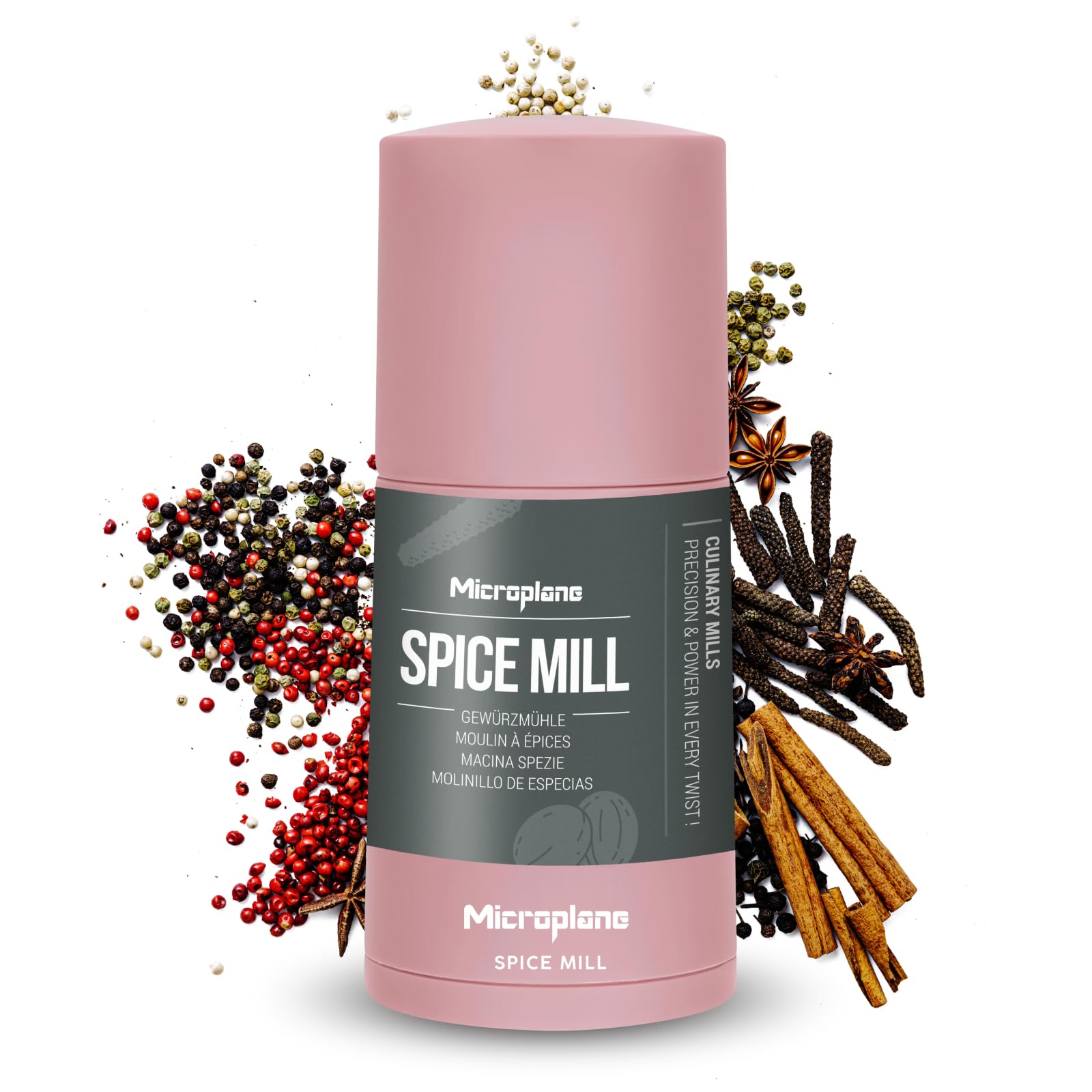 Microplane Spice Mill 2in1 – Dusty Rose | Manual Spice Mill with Ultra-Sharp Stainless-Steel Blade | Grates Nutmeg, Cinnamon, Tonka Bean, Indian Long Pepper, Nuts & More | Airtight Storage