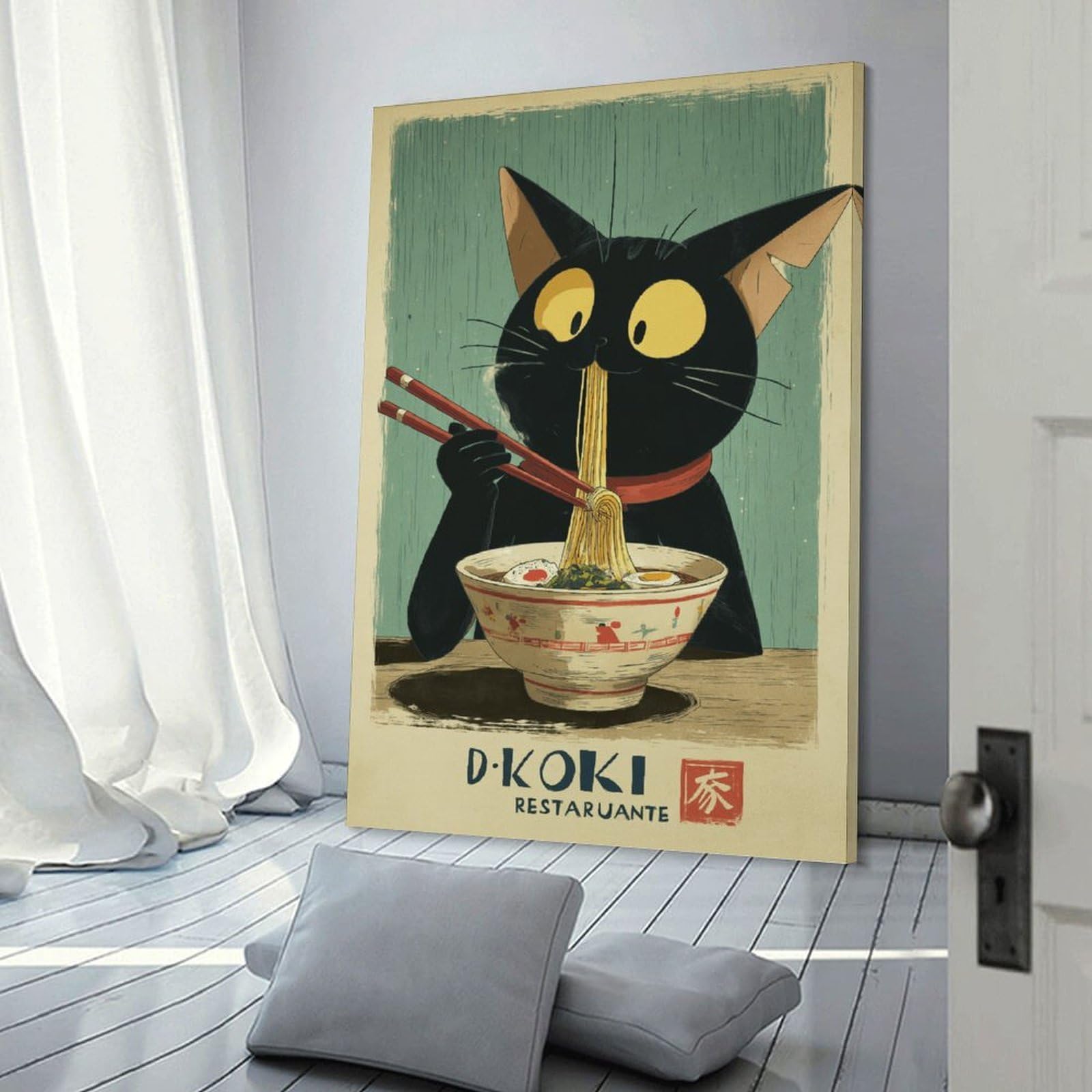 Junmoney Frame-Style Japanese Cat Ramen Restaurant Hanging Wall Art, 24X36inch(60X90cm), For Entrance Walls, Hall Decor Or Foyers, Wall Decor To Refresh Empty Corners