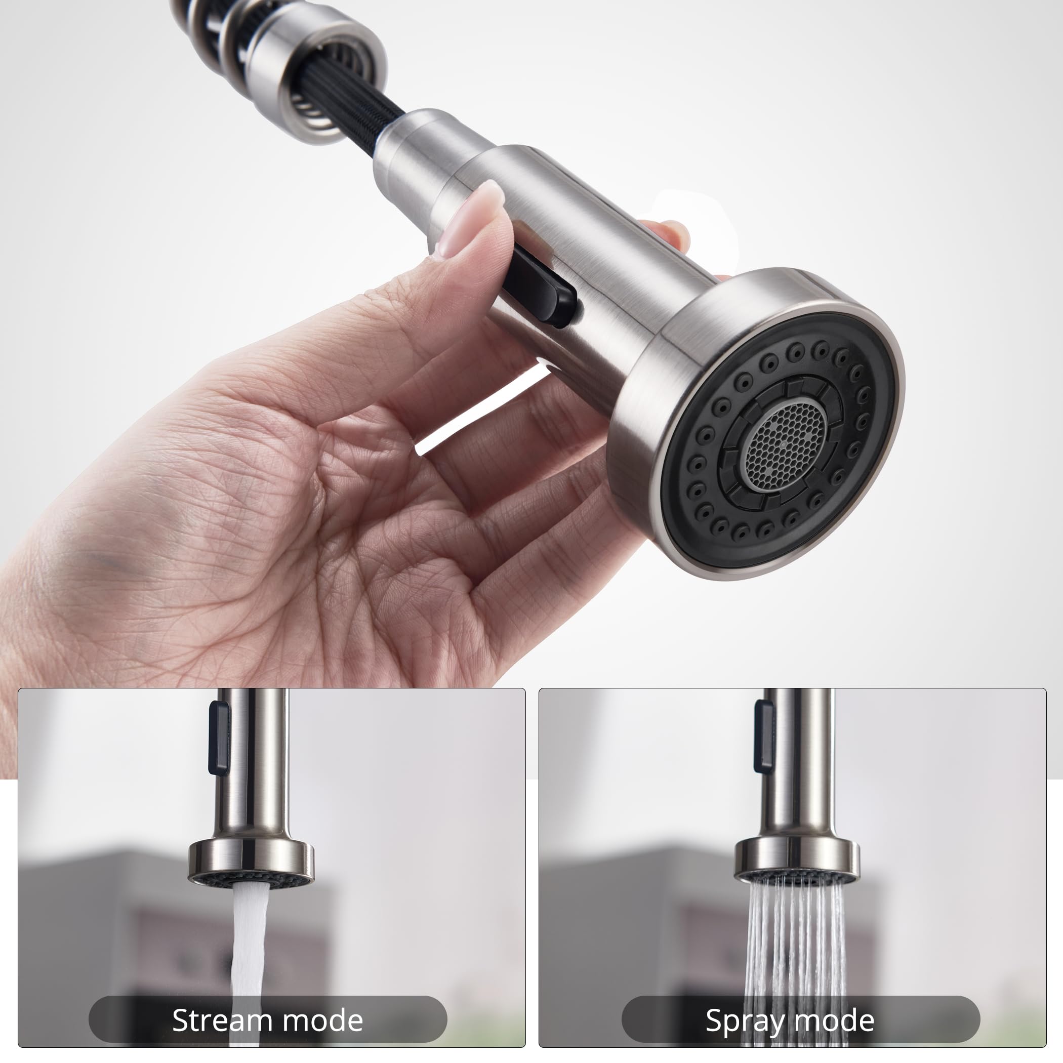 BONADE Grifo de cocina de baja presión, extensible, con muelle en espiral con ducha, grifo de cocina giratorio 360°, grifo mezclador de cocina con 3 conexiones para caldera, grifo de fregadero de