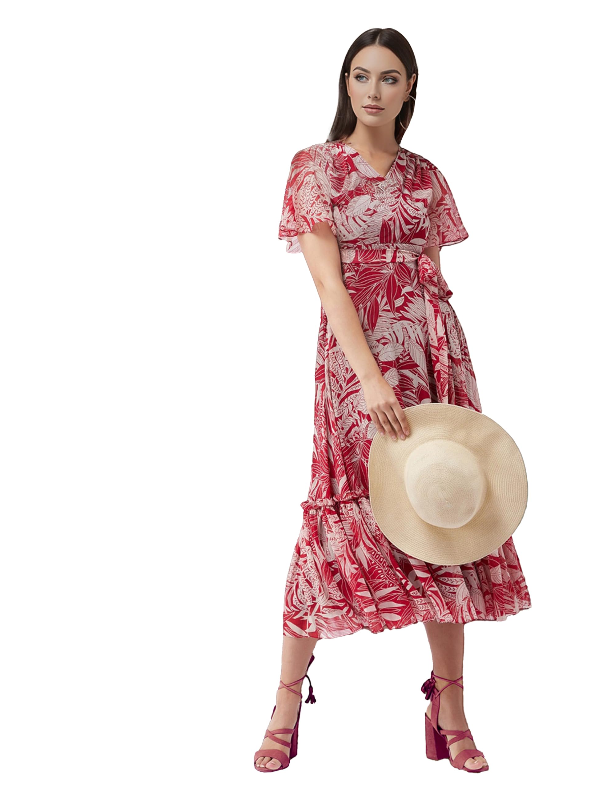 miss chase Women's V Neck Flared Sleeve Floral Wrap Maxi Dress-picture-31