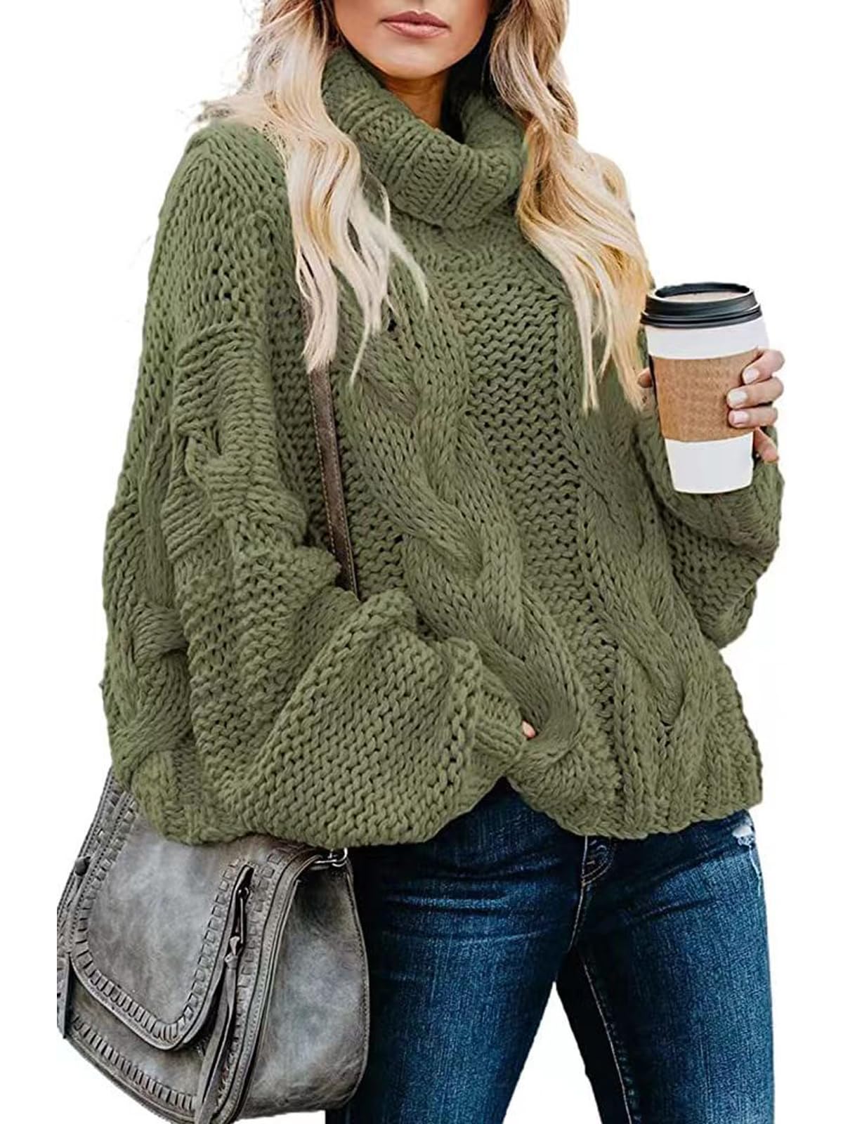 Turtleneck Sweater for Women High Neck Lantern Sleeve Pullover Balloon Sleeve Chunky Cable Knit Oversized Sweater Top