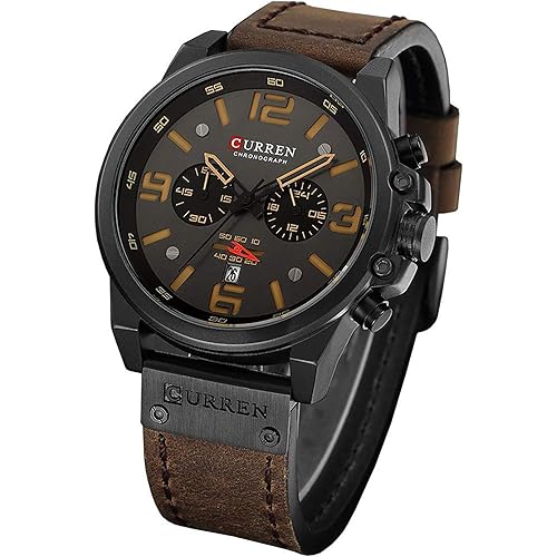 Gosasa Men Sport Chronograph Quartz Watch Brown Leather Strap Date 30M Waterproof Military Male Wrist Watch