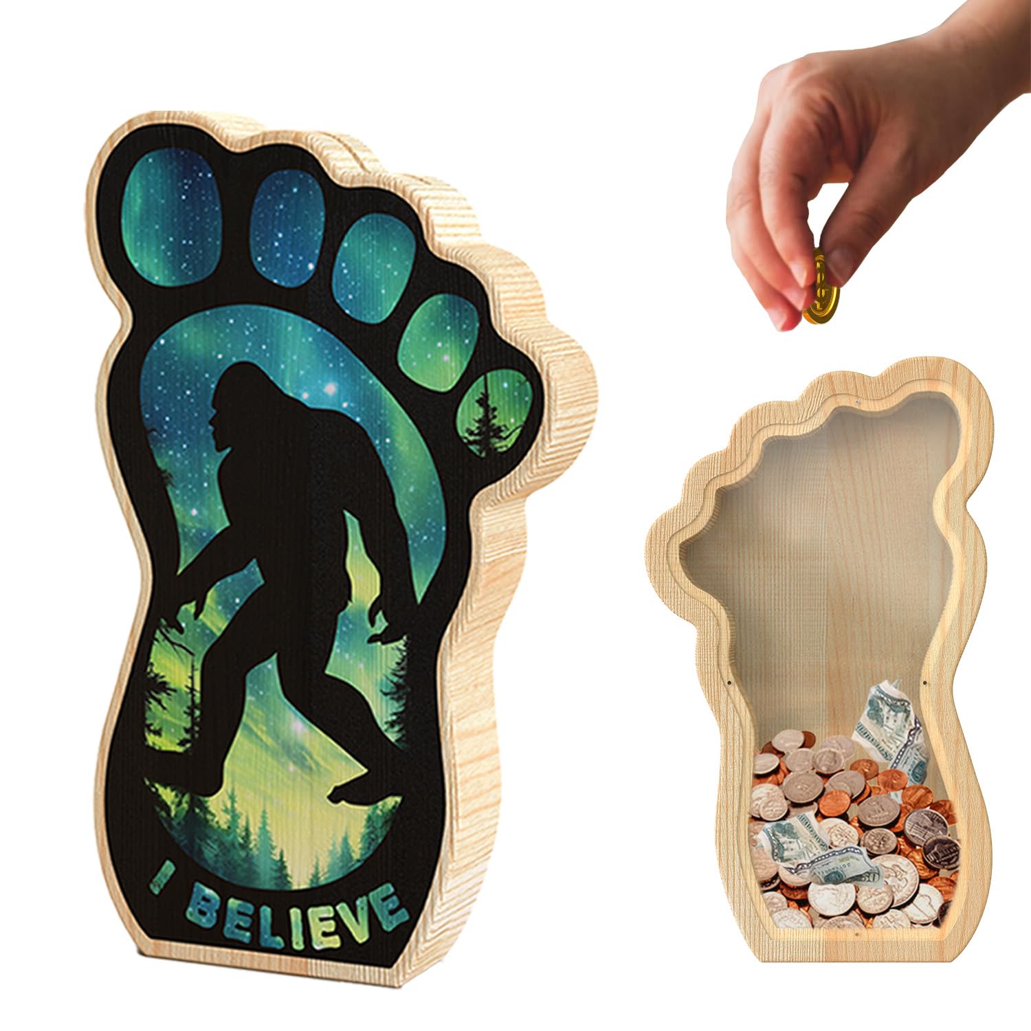 Bigfoot Piggy Bank for Kids Boys Girls, Sasquatch Wooden Piggy Bank Money Bank with Transparent Window, Coin Bank Fun Gifts for Birthday, Christmas, Festival, Baby Shower,Home Decor