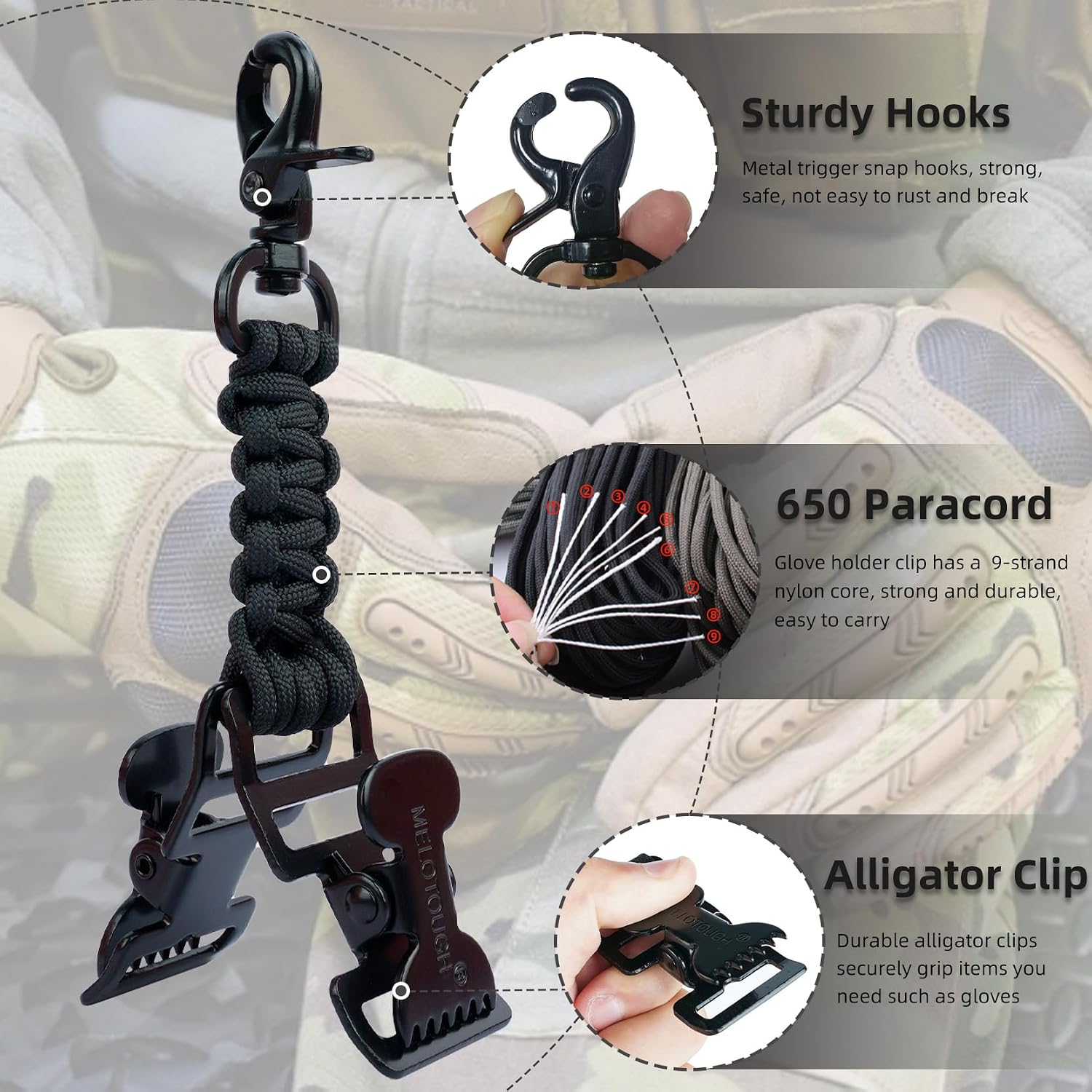 MELOTOUGH Tactical Glove Clip for Work Glove Holders with 2 Alligator Clips for Tool Belt,Tactical Bag,Outdoor Accessory