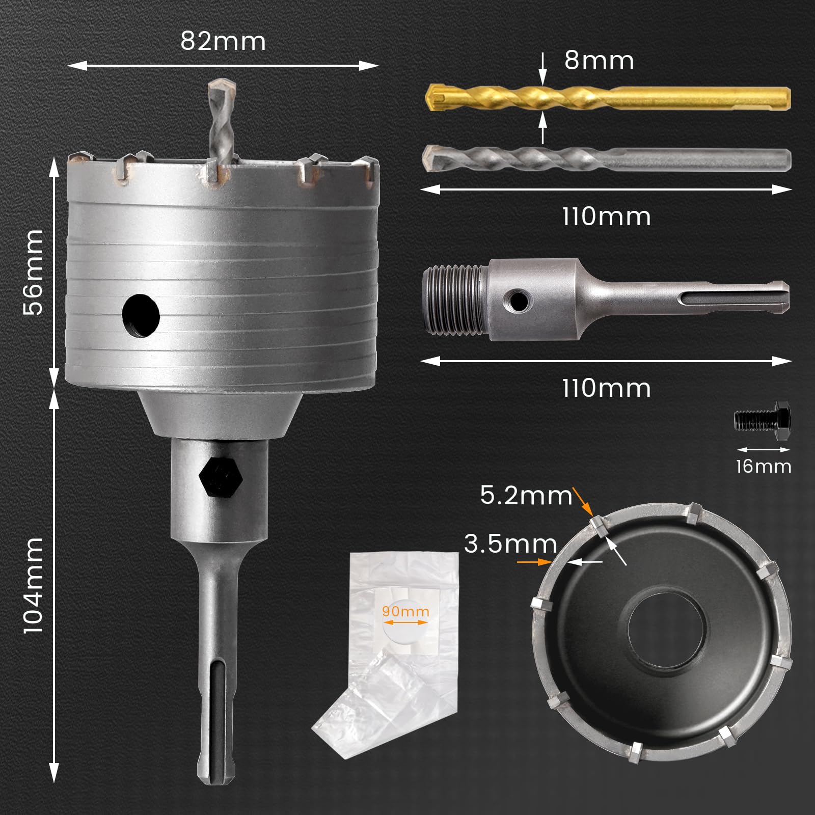 Steckdosenbohrer 82mm, Hohl-Bohrkrone Set Dosenbohrer 68mm mit SDS plus Adapter 110mm und Zentrierbohrer 8x110mm, Hammerschlagfest, Dosenbohrer, Lochsäge, Steckdosenbohrer, für Bohrhämmer