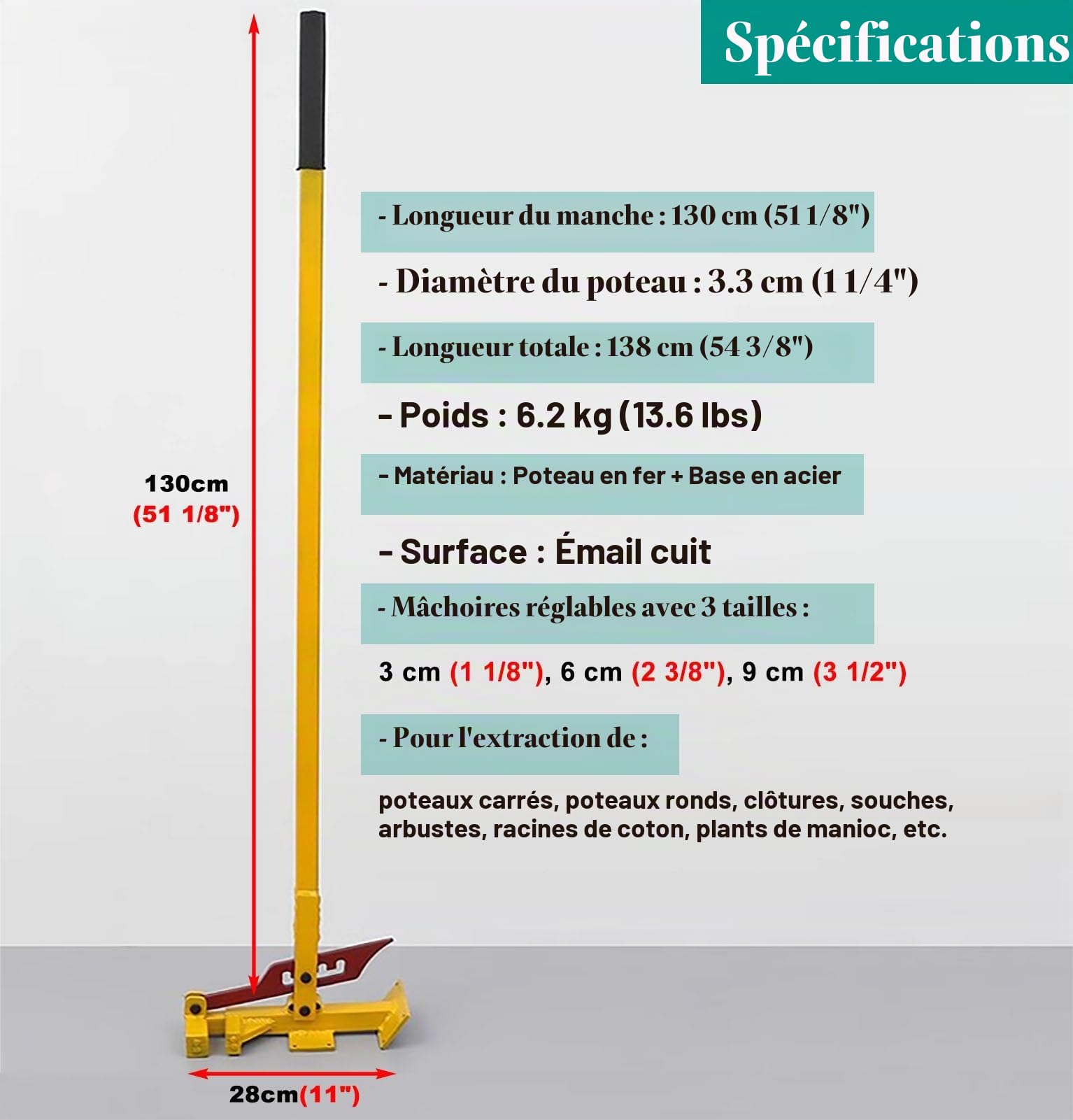 Extracteur Arrache-Souche de Grande Taille à Haut Levier - Déracine Complètement les Tiges Ligneuses de 3-9 cm, Outil de Retrait de Piquet Métallique pour Arbres/Arbustes/Vignes