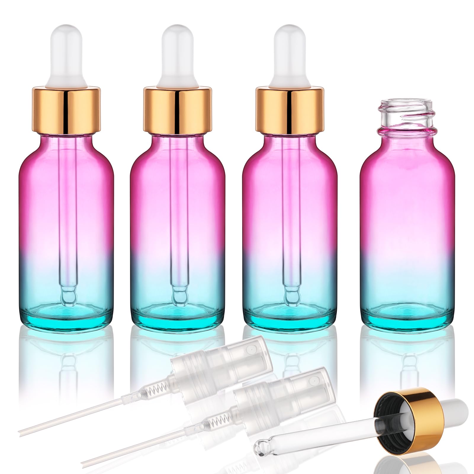 4 pack 1 oz Glass Dropper Bottle with Extra 2 Spray Nozzles 30ml Rainbow Colored Thick Glass Tincture Bottles Leakproof Travel Essential Oils Bottles (1 OZ)