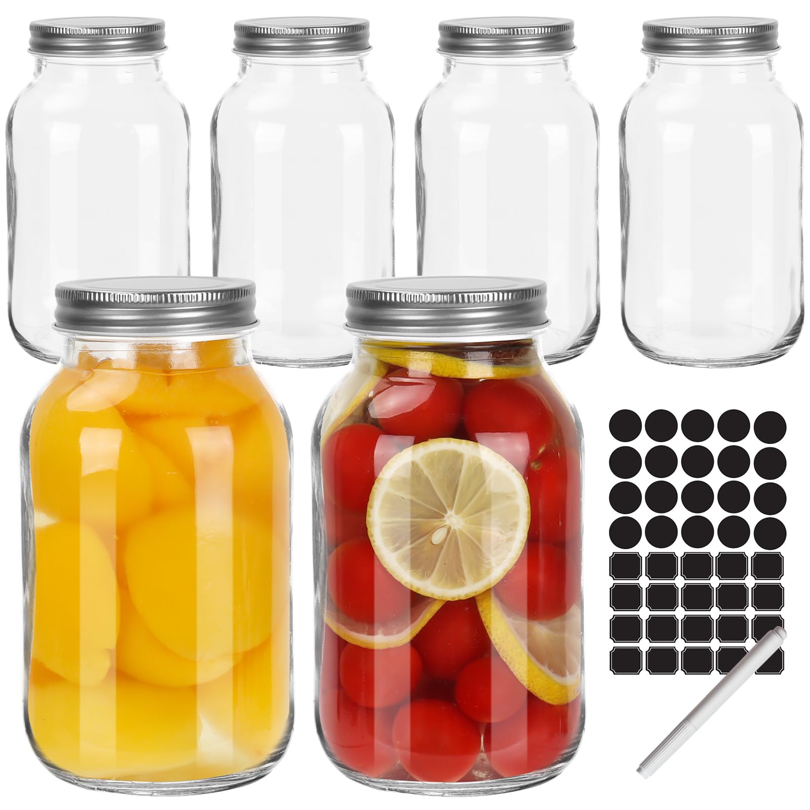 Tarros Mason de 32 onzas con tapas herméticas, paquete de 6 tarros de vidrio para conservas, tarros de almacenamiento de alimentos de 1000 ml para mermeladas, encurtidos, ensaladas, recuerdos