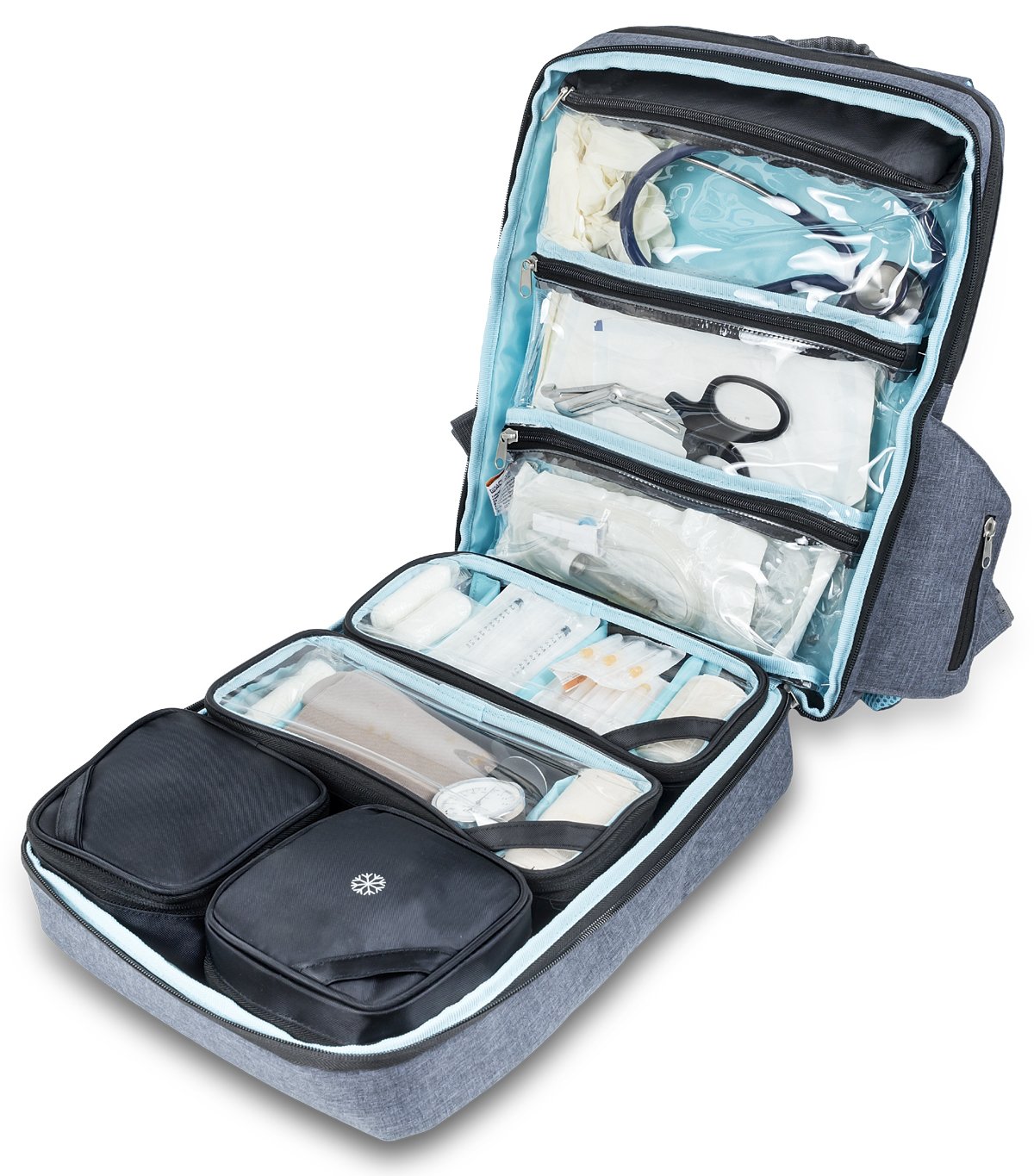 ELITE BAGS, Mochila de asistencia domiciliaria para emergencias sanitarias, City´s, 40 x 28 x 14 cm, Repelente al agua, Base antideslizante, Mochila primeros auxilios, Biotono, Gris y azul