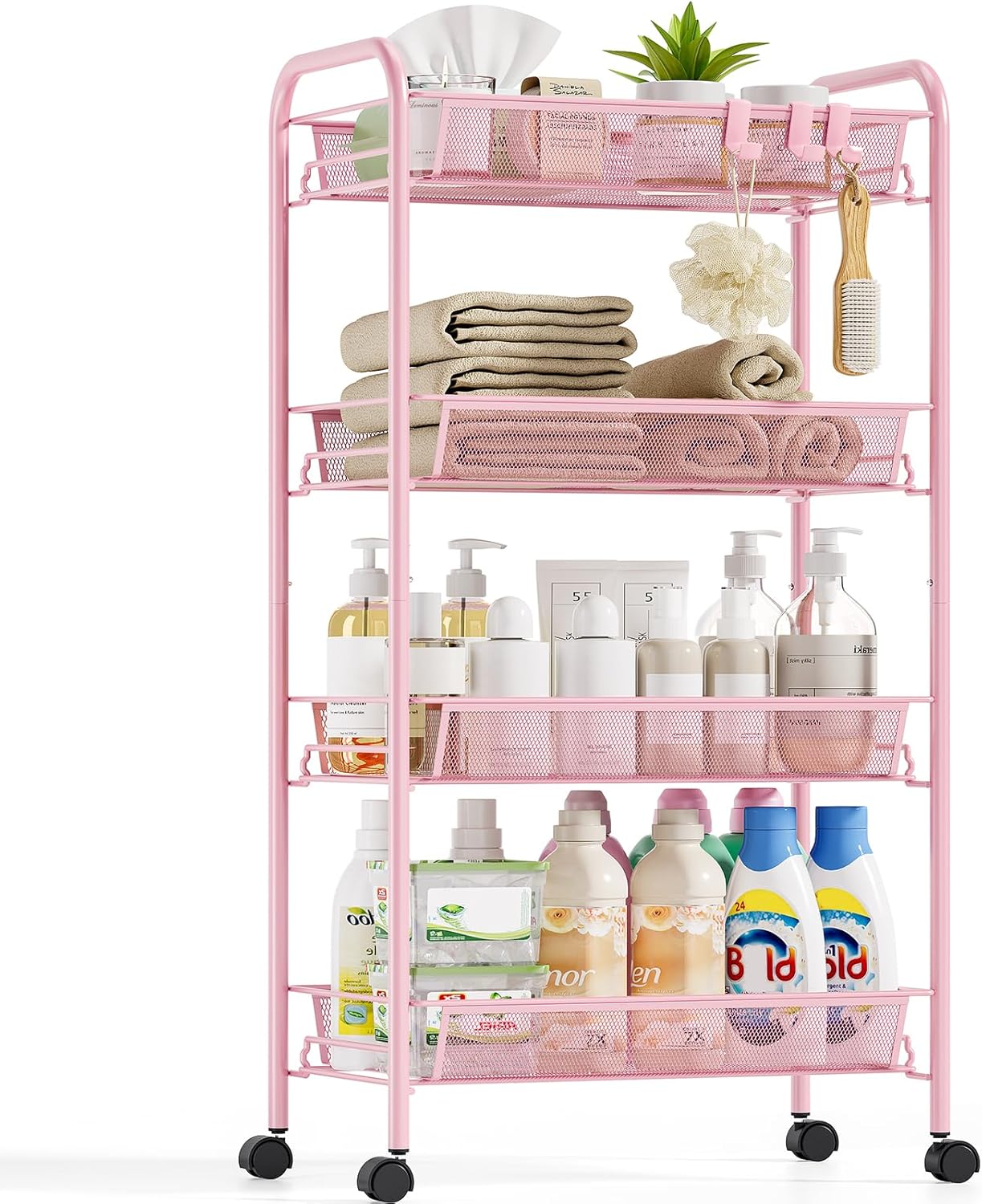 SYKIARIOL 4-Tier Metal Utility Cart, Mesh Wire Rolling Cart on Wheels, Storage Trolley with Easy Assembly, Organizer Craft Cart 3 Hooks, Mobile Shelving Unit for Bathroom, Laundry Room, Home