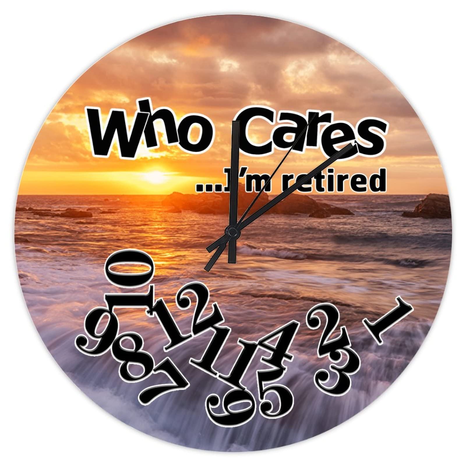 Who Cares I am Retired Clock Who Cares I'm Retired Japan Hokkaido Sea (2) Silent Non Ticking Round Battery Operated Wall Clock, Novelty Large Hanging Clock 12", Retirement Gift Clock