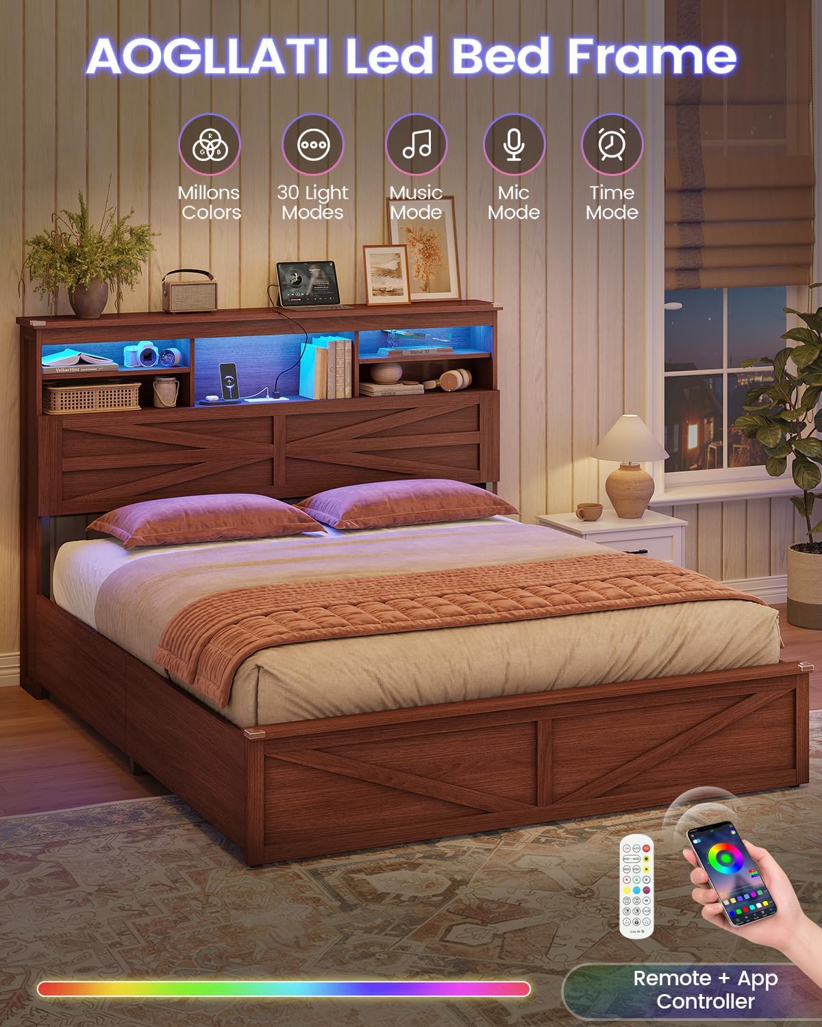 AOGLLATI Farmhouse Bed Frame Queen Size with Lift Up Storage & Hidden Bookcase Storage Headboard, Wooden Queen Bed Frame with Charging Station, Led Lights, No Box Spring Needed, Brown