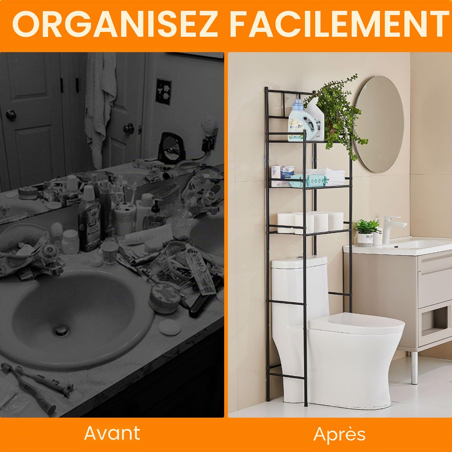 Meuble WC, Meuble Salle de Bain Rangement à 3 Niveaux, Étagère WC Autoportante en Métal, Rangement au-Dessus des Toilettes ou Lave-Linge Peu Gain de Place, Montage Facile Etagere, Noir