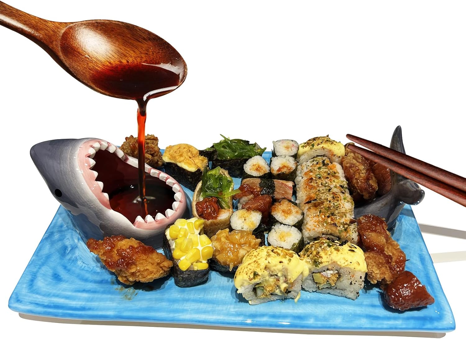 Shark Sushi Plate Ceramic Cute Japanese Blue Hand Painted Dinner Party Plates Food Safe Materials Soy Sauce Dumpling Bowl Chopstick Holder Large with Appetizer Birthday Plates Suitable for Microwave