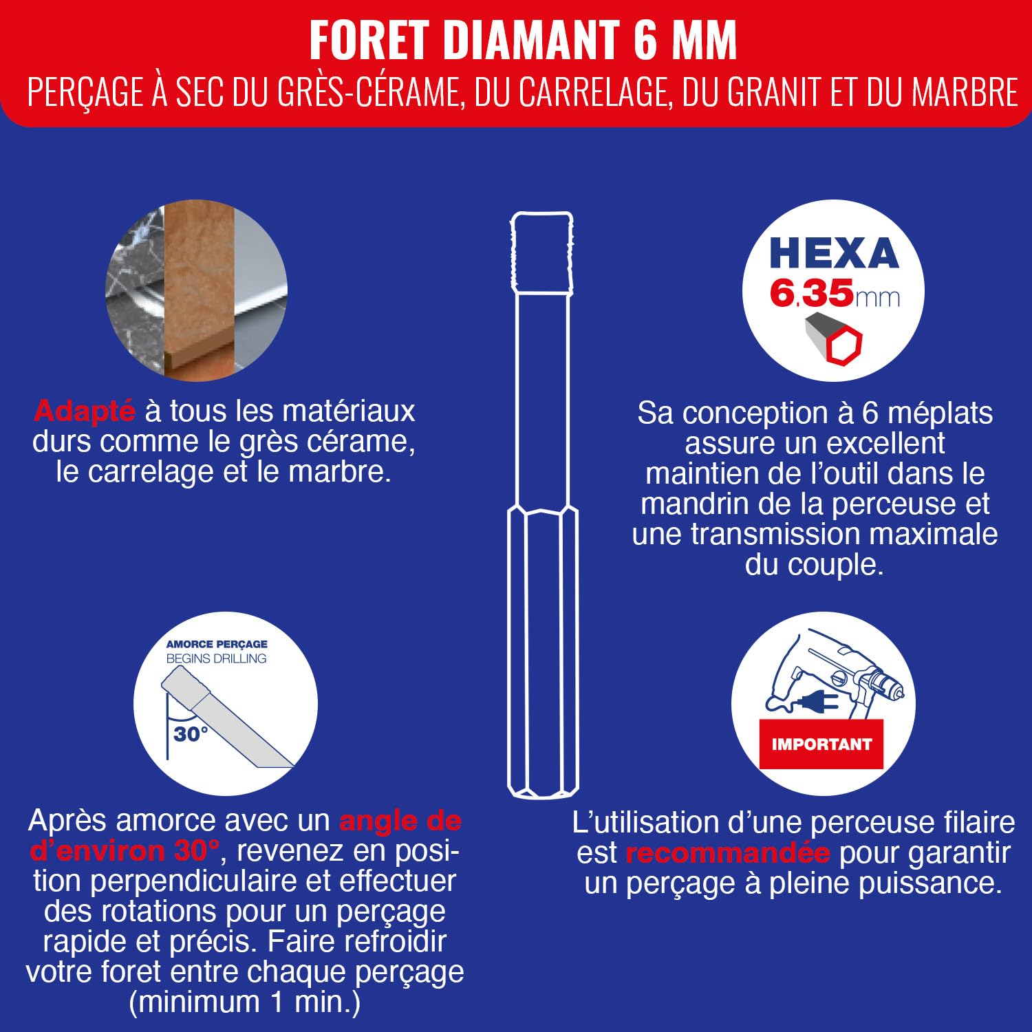 TIVOLY - Foret Diamant 6 mm - Pour Perçage à Sec Céramique, Grès Cérame, Carrelage, Granit, Marbre - Queue Hexagonale à 6 Méplats