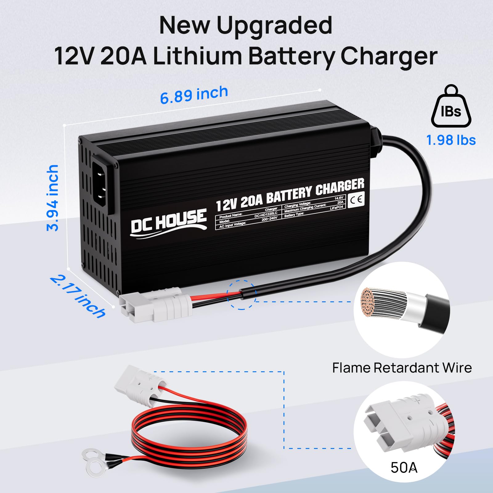 DCHOUSE Caricabatterie al litio da 12 V 20 A, connettore rapido e indicatore LED | Caricabatterie LiFePO4 da 14,6 V, ricarica rapida intelligente da 300 W per batterie solari e domestiche