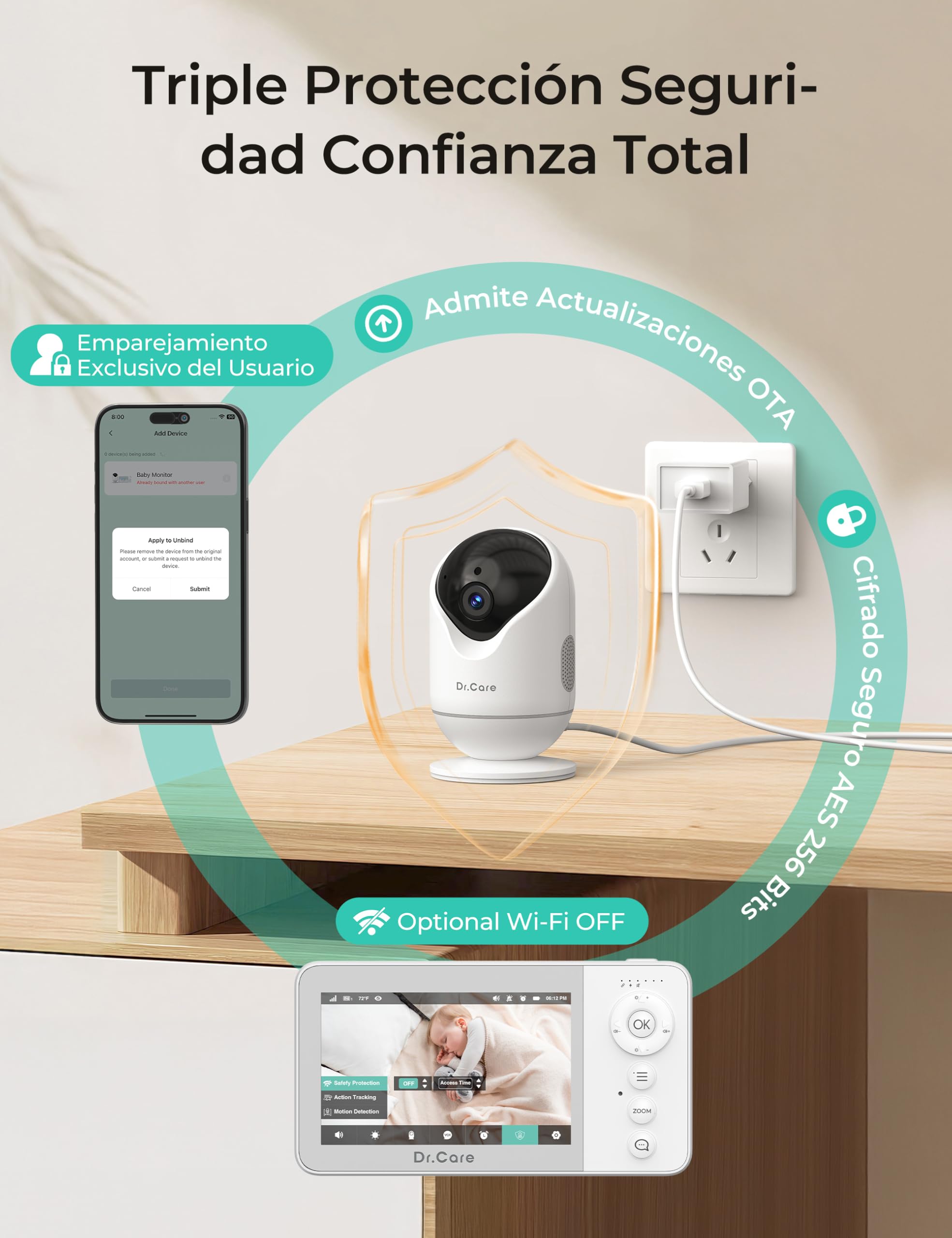 Dr. Care VistaView Lite RB Vigilabebés WiFi con Soporte Clip – Pantalla 4" 720P, Cámara 1080P, Control App, Alertas Movimiento, Batería 2500mAh extraíble, Visión Nocturna HD, Multiusuario