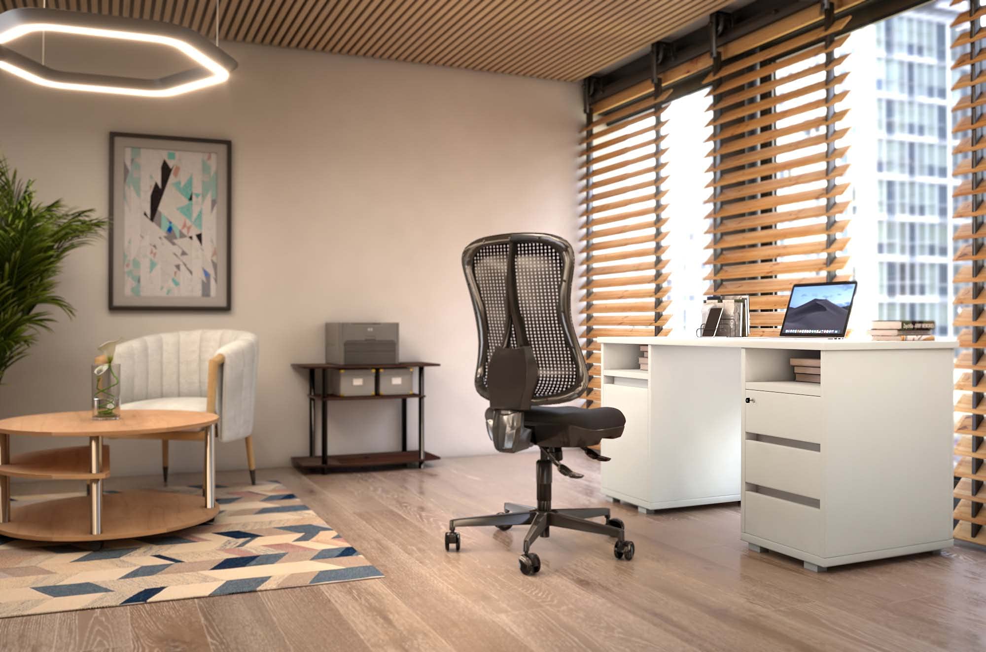 Stella Trading PRIMUS 2 Schreibtisch mit Schubladen, Weiß - Bürotisch Computertisch fürs Homeoffice mit Stauraum und offenen Ablagefächern - 145 x 74 x 65 cm (B/H/T) | Bürotisch Computertisch fürs Homeoffice, 3 Schubladen, eine abschließbar, Fach mit Tür,