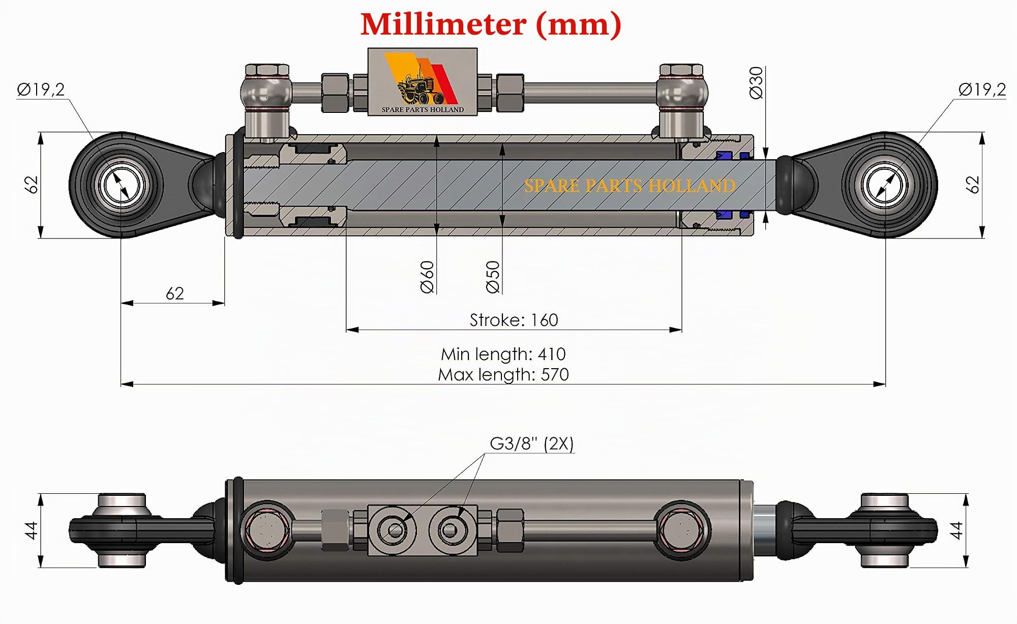 Hydraulischer Oberlenker Kat. 1-1 (410-570 mm) mit Sperrblock und Schläuchen