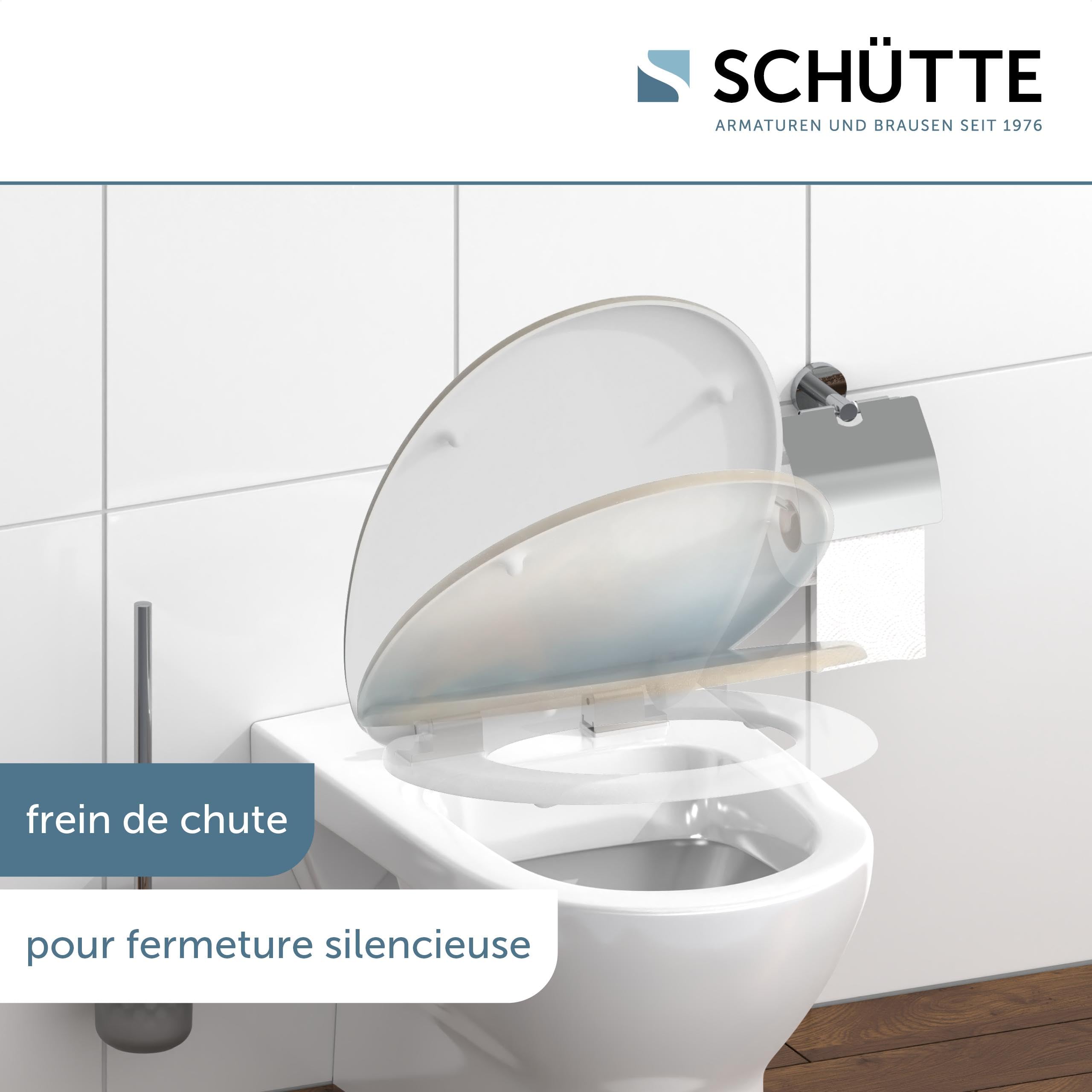 Schütte Beach 82196, Abattant WC en Duroplast avec système d'abaissement automatique, compatible avec la majorité des cuvettes WC, motif plage
