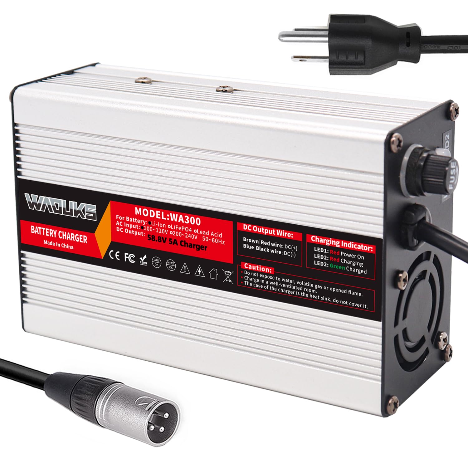 WAOUKS 58.8V 5A Li-ion Battery Charger with Cooling Fan and Output XLR 3 Prong Connector Smart Charge Used for 14S 52V 51.8V Lithium Battery Fast Charger