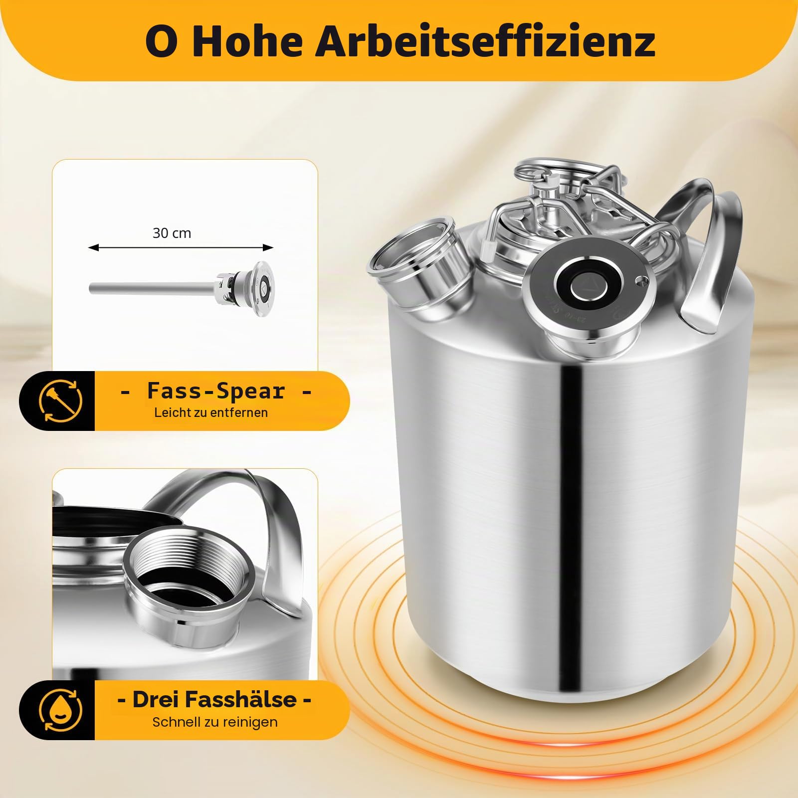 10-Liter-Keg-Reinigungsfass Edelstahl-Bierreinigungsbehälter 3 Kopfhähne Reinigungsfass für Keg-Zapfanlagen