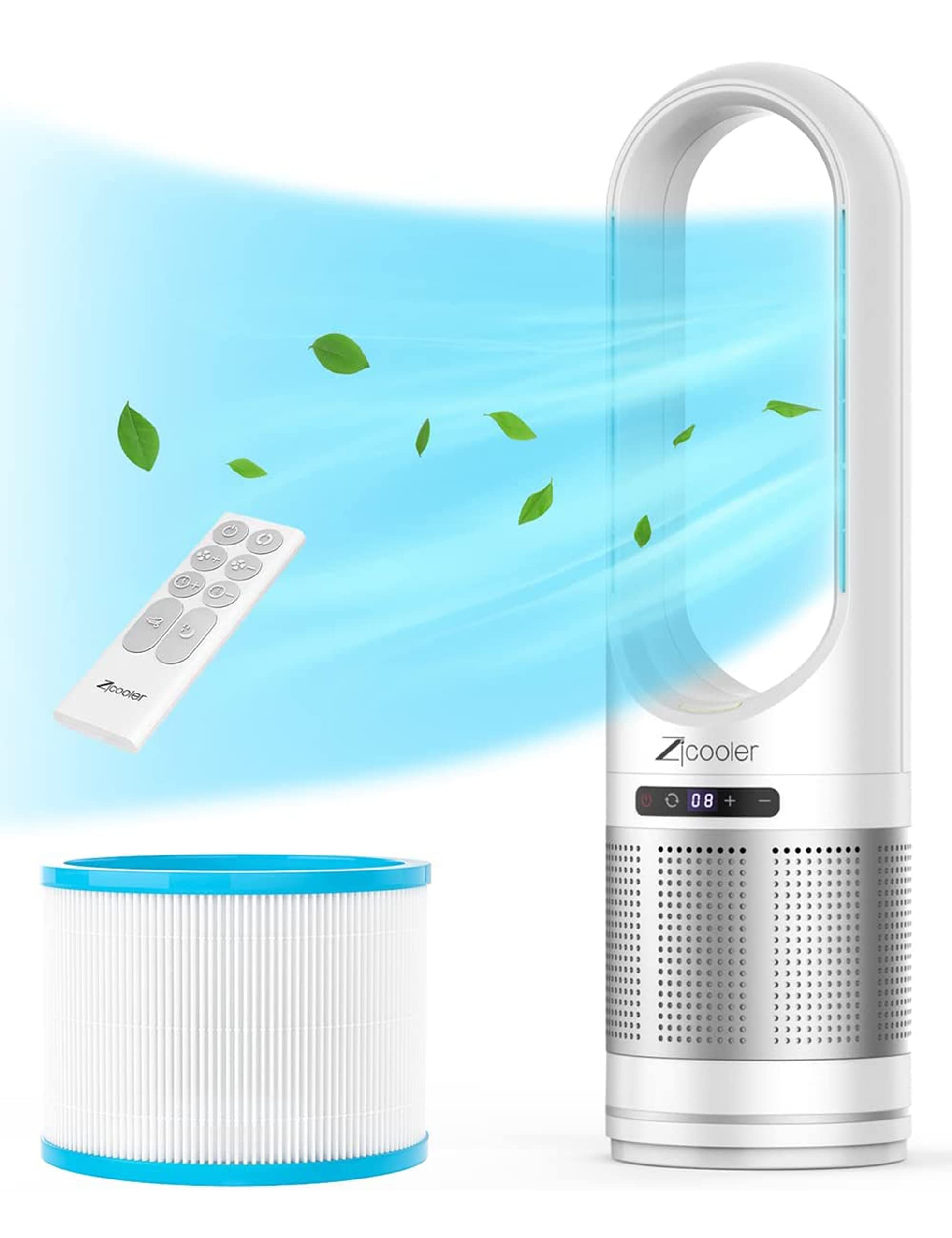 Photo 1 of ZICOOLER Bladeless Tower Fan and Air Purifier, 80° Oscillating Fan for Bedroom, 32 inch Standing Floor Fans with HEPA Filter 99.97%, Remote, Quiet Cooling Fan for Indoor Home Office Room Large White Silver