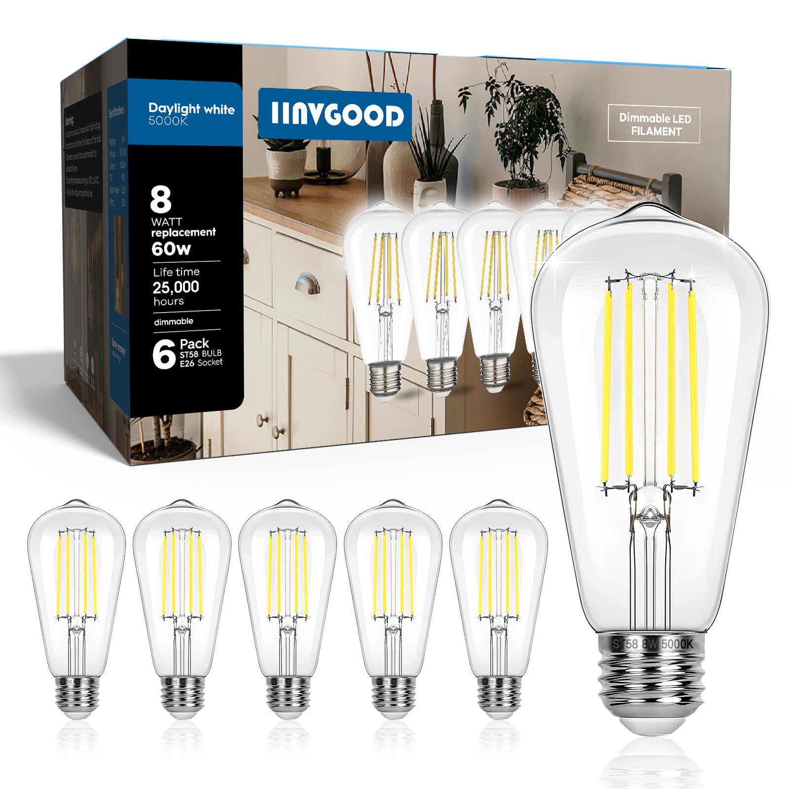 Lampadine Edison equivalenti a 60 W, dimmerabili vintage a LED, 5000 K, luce bianca diurna, ST58, 8 W, 800 lm, 90 + CRI, lampadina a LED con filamento decorativo anticato, vetro trasparente