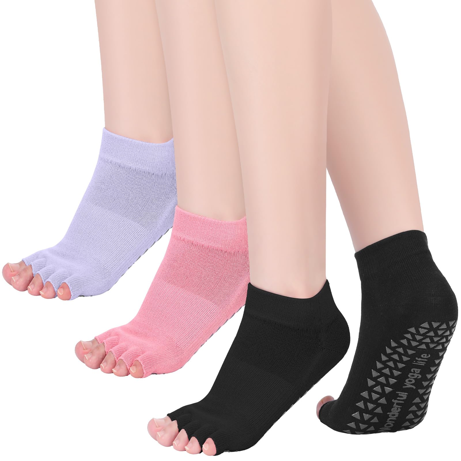 Mepase 3 Pairs Toeless Pilates Socks for Women Non Slip Open Toe Yoga Socks with Grips for Barre Dance Studio Size 5-9