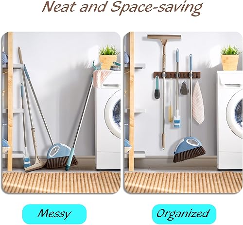 Miniatura 4 de Soporte de pared para escoba de fregona con 3 ranuras y 4 ganchos, colgador de escoba de madera para organización de cocina de despensa, organizador