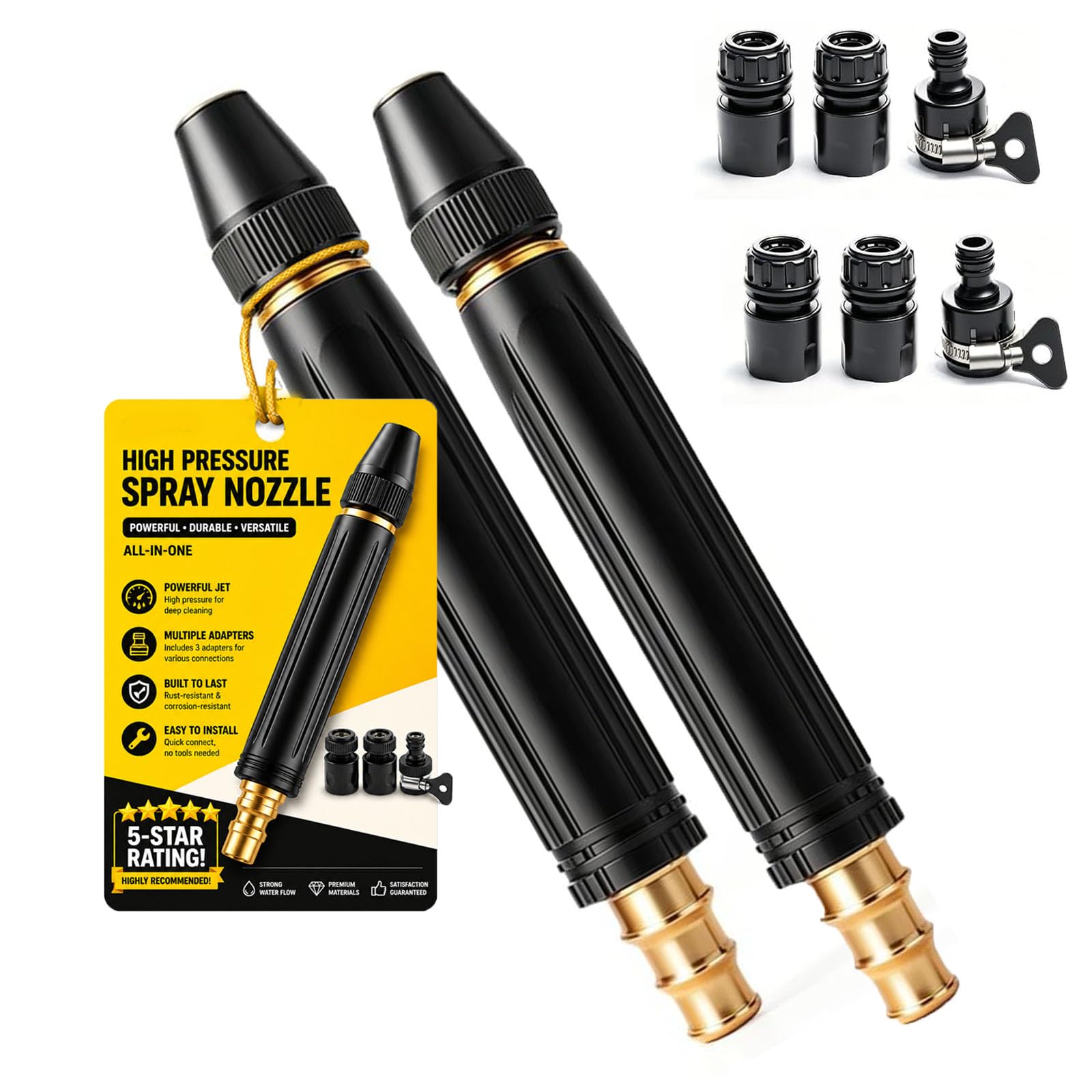Ugello per tubo ad alta pressione a 360°, con ugello di rinforzo e 2 fascette stringitubo, 3 tipi di getto, 10 volte potente pistola ad acqua per la pulizia dell'auto (2PCS-A)