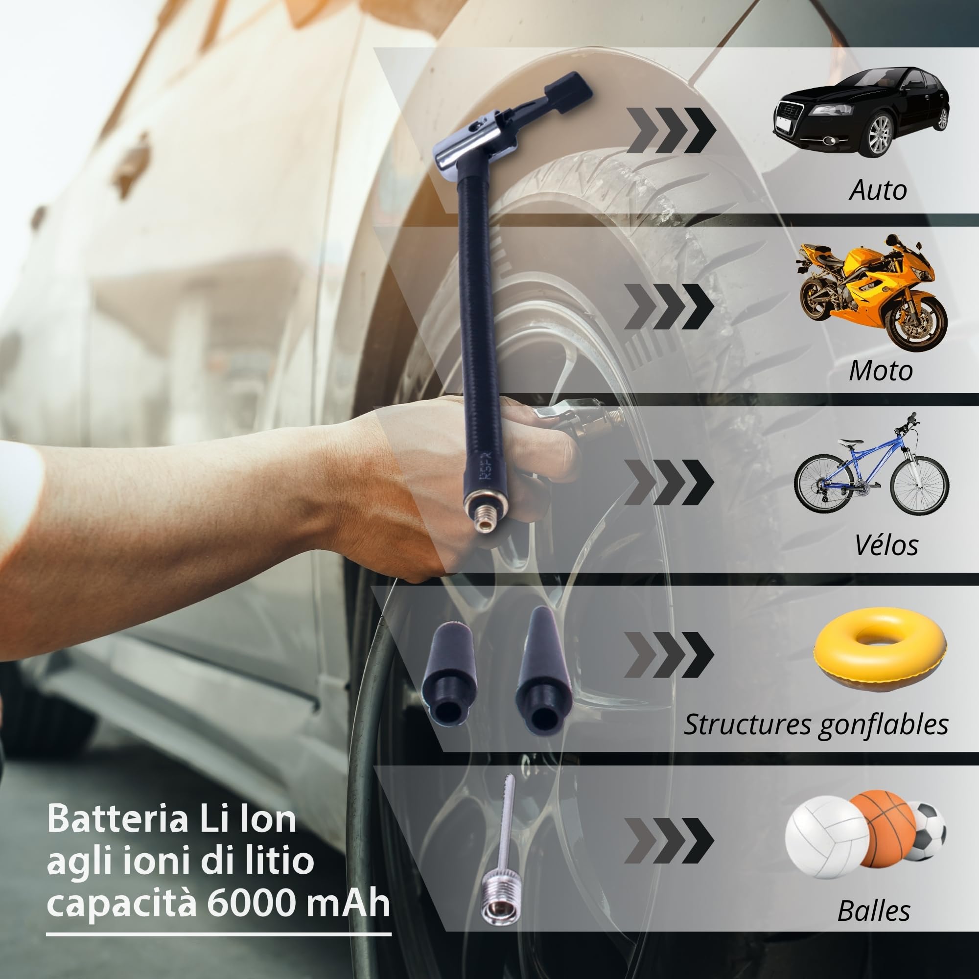 Goodyear Compresseur Portable Rechargeable sans Fil 6 000 Mah, 5 en 1 : Gonflage, Dégonflage, Mesure de Pression, Batterie Externe, Lampe Torche à 6 LED, Accessoires Inclus, Prise Allume-Cigare
