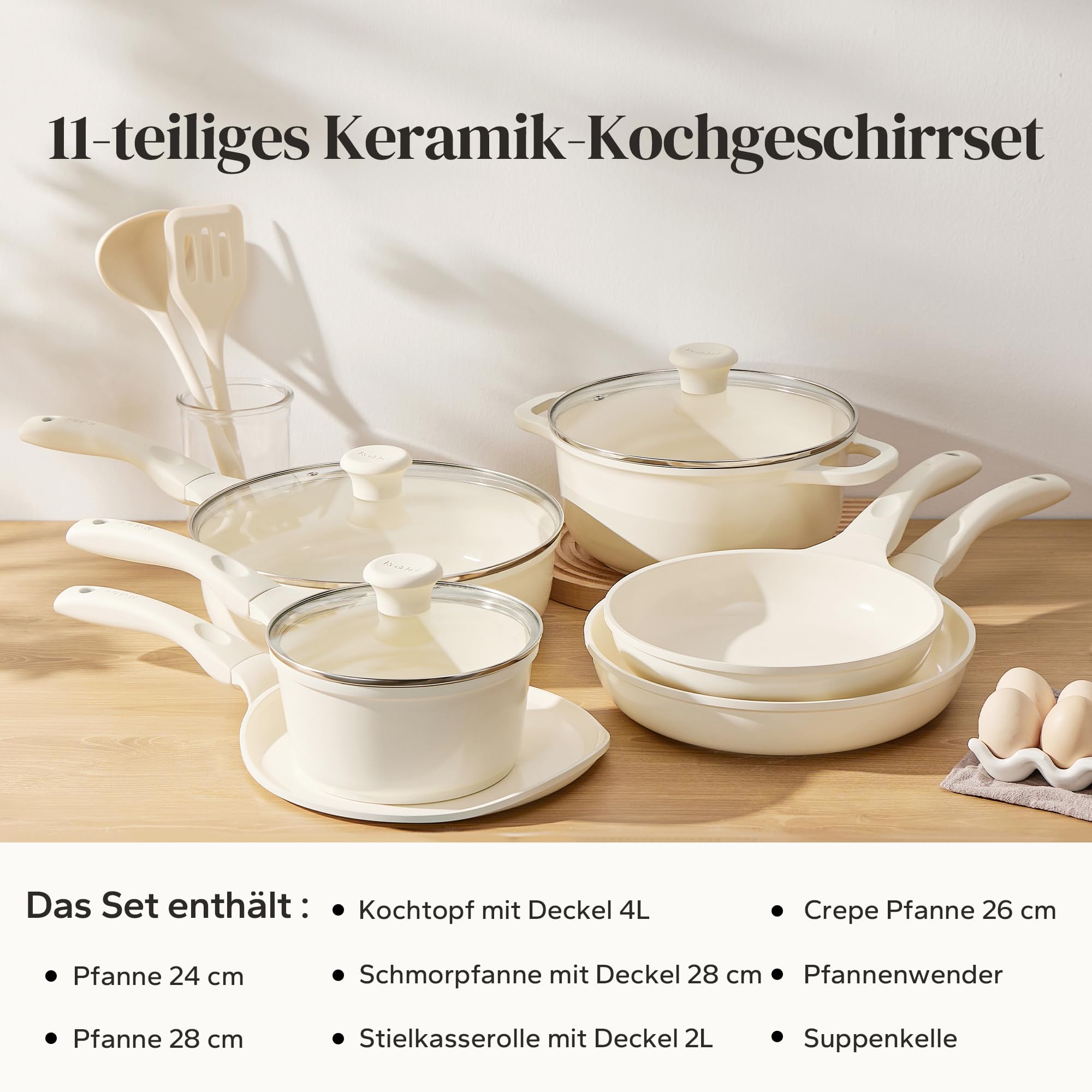 Redchef Set di 11 pentole in ceramica con coperchio in vetro - Senza PTFE - Senza PFAS - Adatto a tutti i tipi di piano cottura - Lavabile in lavastoviglie (beige)